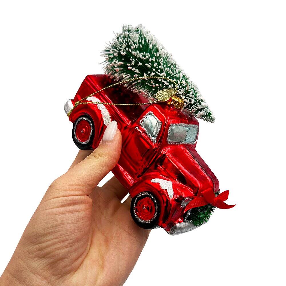 Back. OrnamentallyYou - Traditional Red Truck with Ornamental Tree Glass Christmas Ornament - Multi-colored.