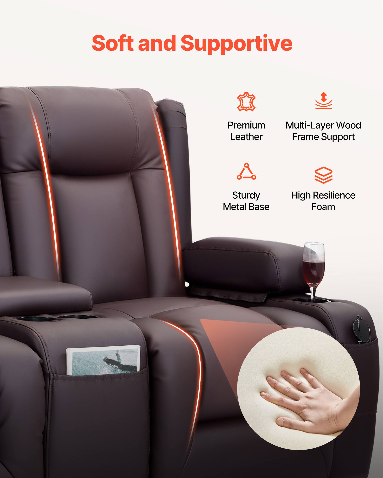 Soft and Supportive

- Premium Leather
- Multi-Layer Wood Frame Support
- Sturdy Metal Base
- High Resilience Foam