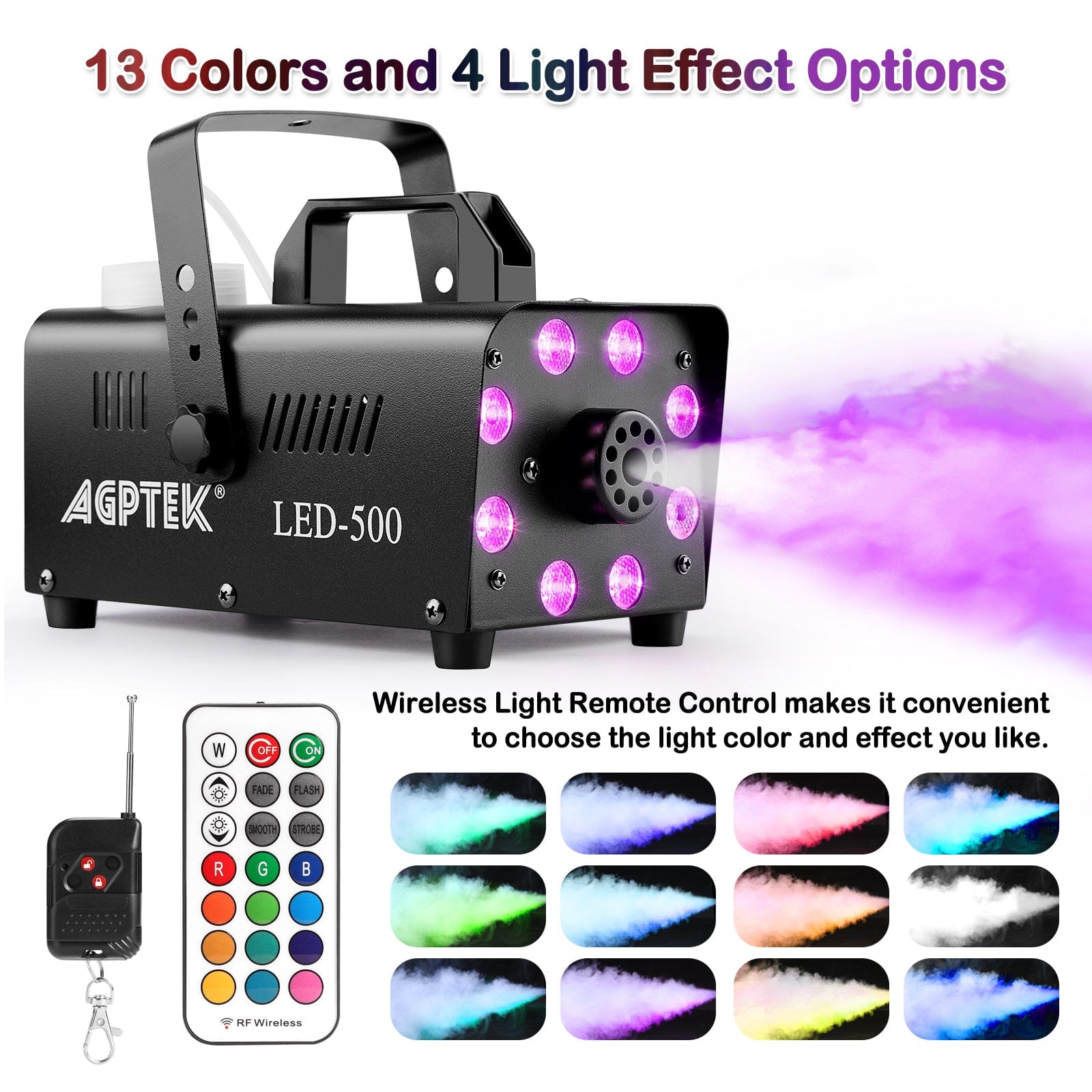 AGPtek - 500W Fog Machine with 13 Colorful LED Lights Effect for Wedding, Halloween, Party - Black