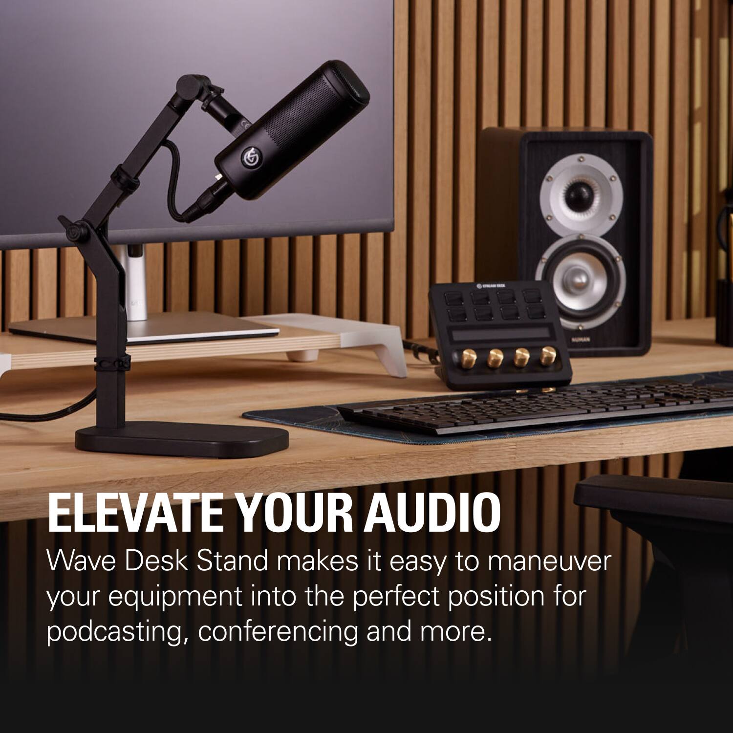 Elevate Your Audio Wave Desk Stand makes it easy to maneuver your equipment into the perfect position for podcasting, conferencing, and more.