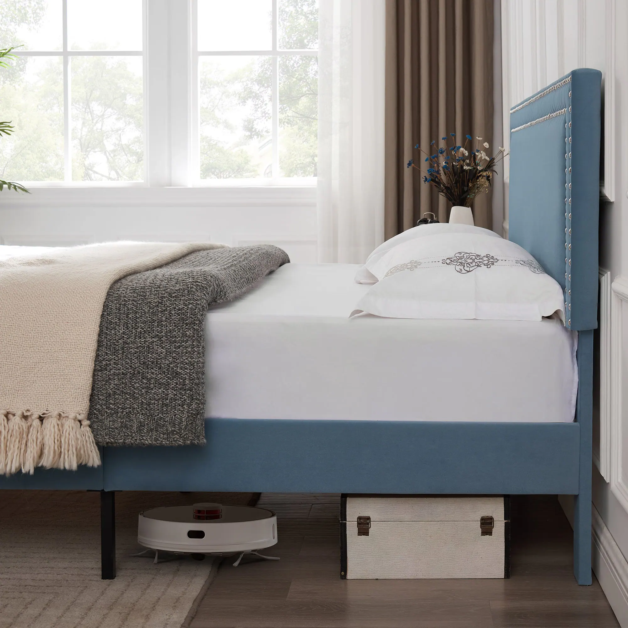 Alt View 2. Vecelo - Queen Size Platform Bed Frame with Adjustable Upholstered Headboard, Strong Wood Slat Support,No Box Spring Needed - Light Blue.