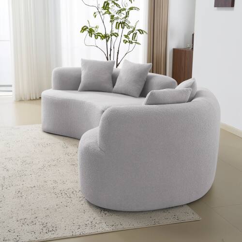 Left. Anysun - Curved 4-Seat Grey Teddy Velvet Sofa - Full Compression Sponge, No Assembly, Compact for Small Spaces & Apartments - Gray.