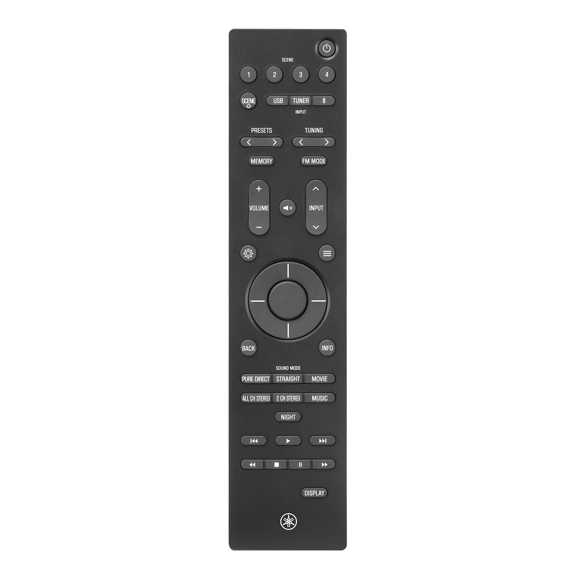 SCENE 1 2 3 4  
TUNER INPUT & PRESETS  
TUNING  
MEMORY  
FM MODE  
VOLUME  
INPUT  
BACK  
INFO  
SOUND MODE  
PURE DIRECT  
STRAIGHT  
MOVIE  
ALL STEREO  
2 CH STEREO  
NIGHT  
STEREO  
MUSIC  
DISPLAY
