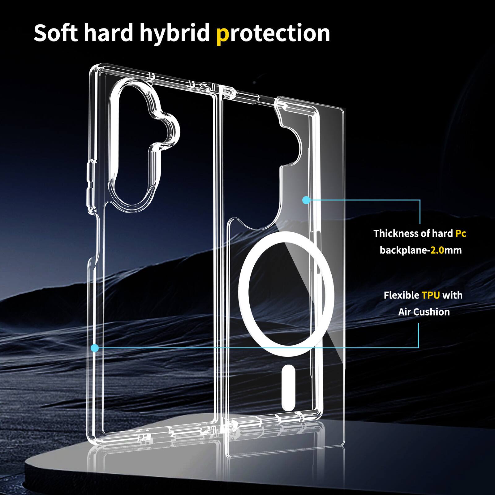 Soft hard hybrid protection

Thickness of hard Pc backplane-2.0mm

Flexible TPU with Air Cushion