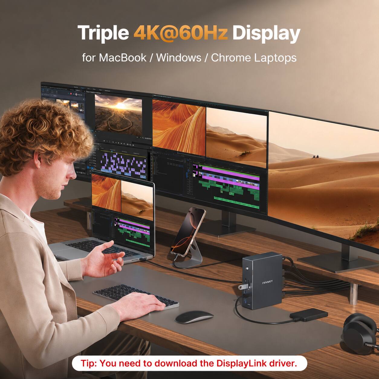 Triple 4K@60Hz Display for MacBook/Windows/Chrome Laptops

Tip: You need to download the DisplayLink driver.