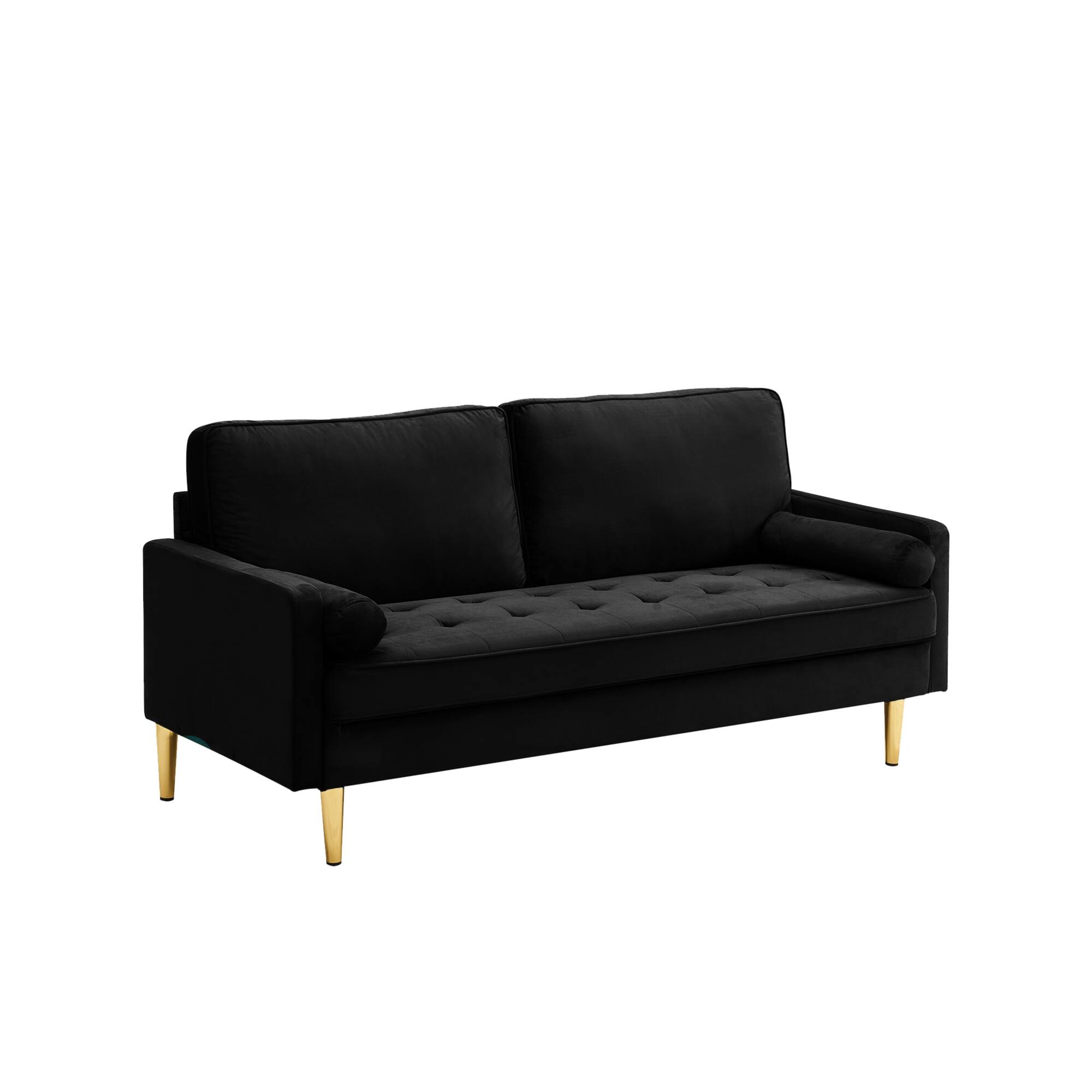 Left. GOODSILO - 65-Inch Minimalist Velvet Sofa with Metal Legs and Cushions, Perfect for Living Room or Bedroom - Black.