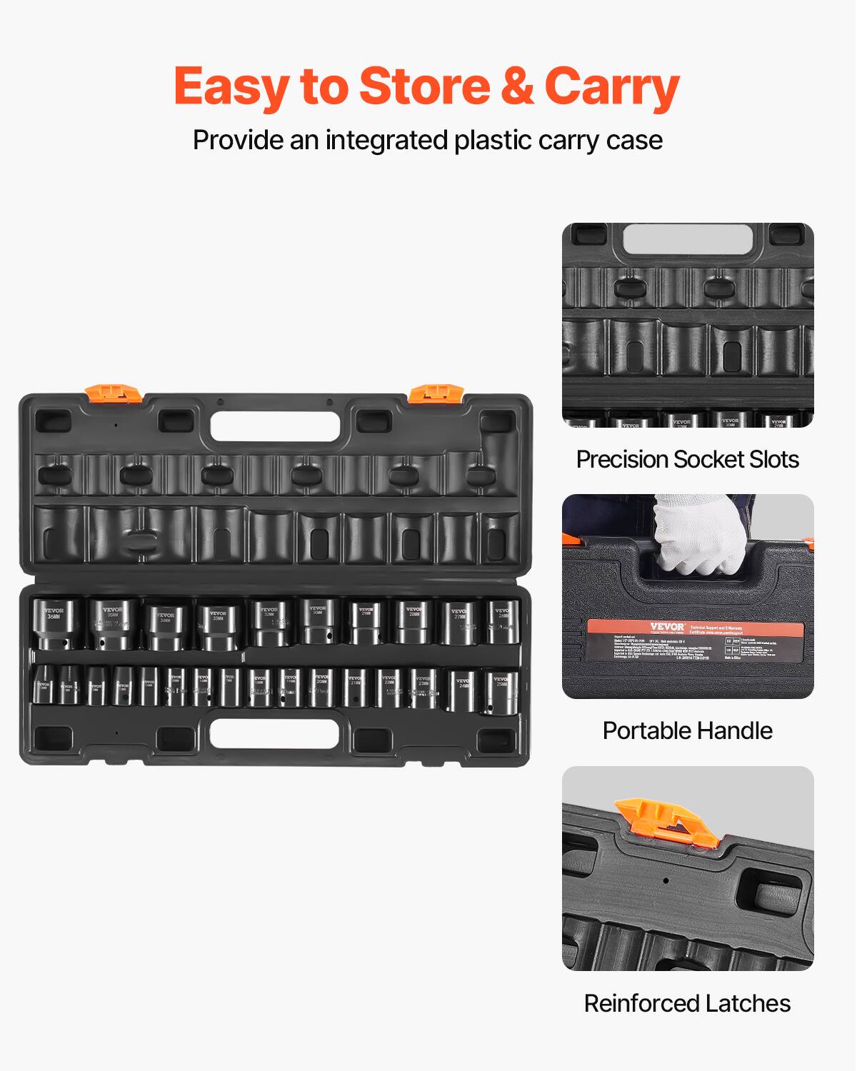 Easy to Store & Carry
Provide an integrated plastic carry case

Precision Socket Slots
Portable Handle
Reinforced Latches