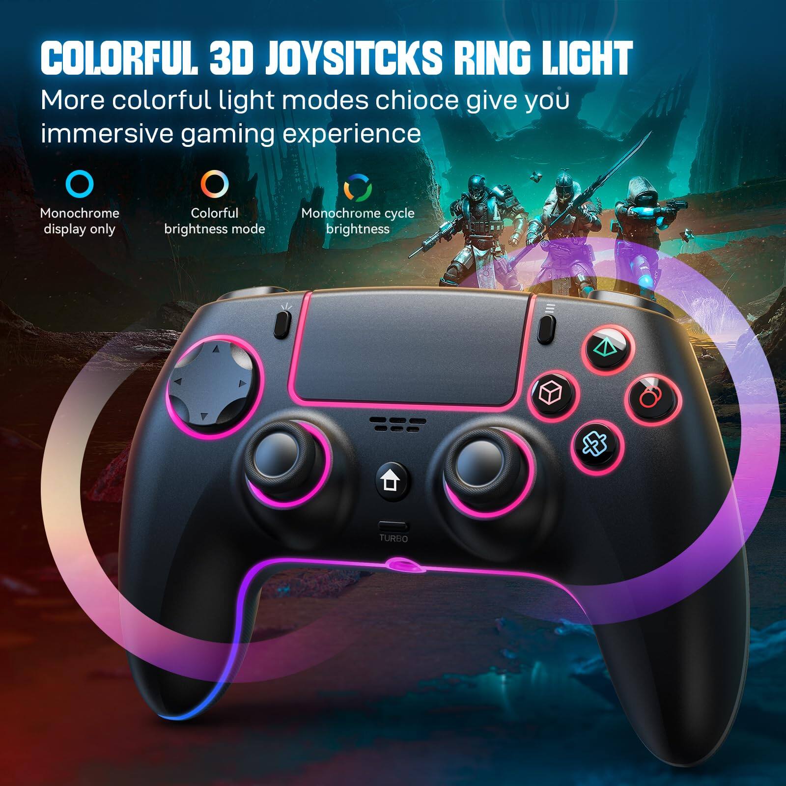 COLORFUL 3D JOYSTICKS RING LIGHT  
More colorful light modes choice give you immersive gaming experience  

- Monochrome display only  
- Colorful brightness mode  
- Monochrome cycle brightness  

TURBO