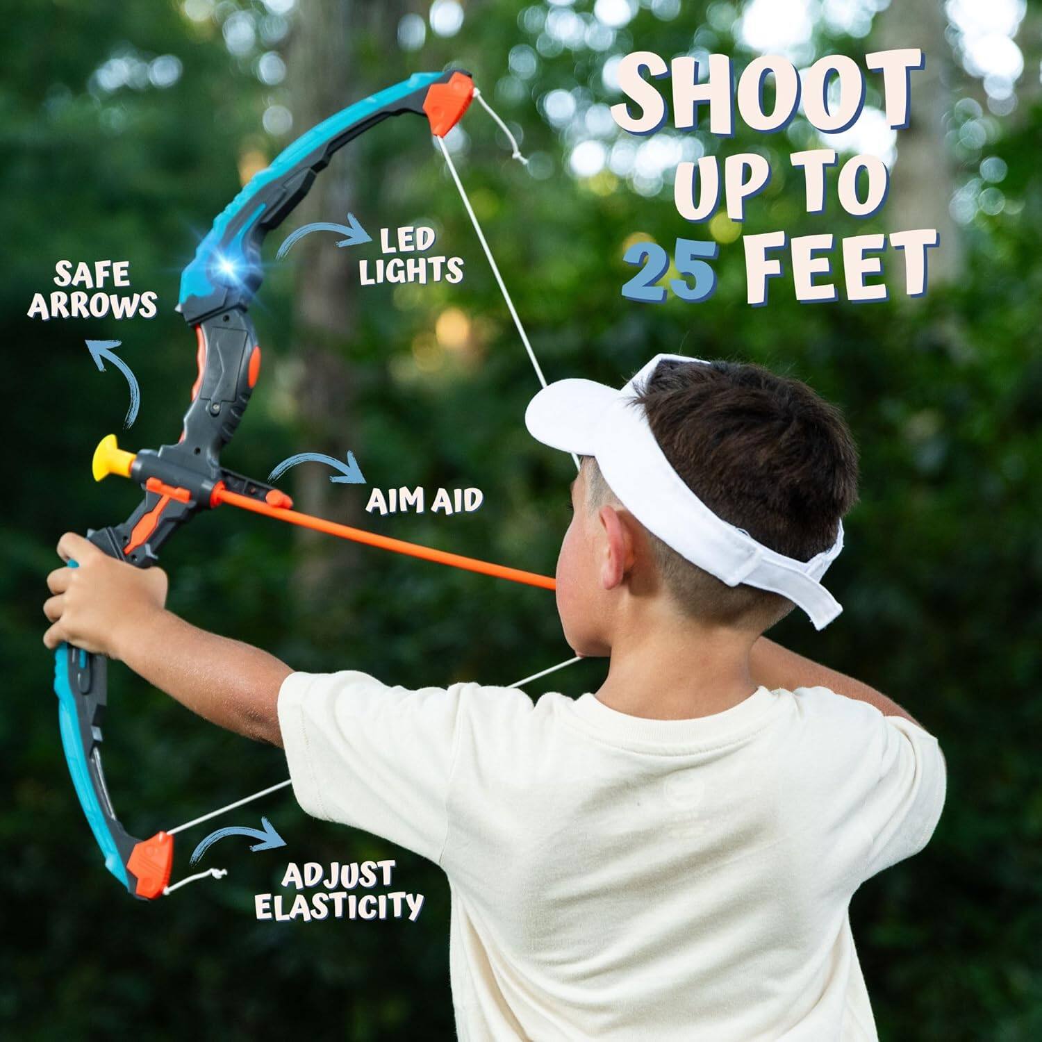 SAFE ARROWS, LED LIGHTS, AIM AID, ADJUST ELASTICITY, SHOOT UP TO 25 FEET