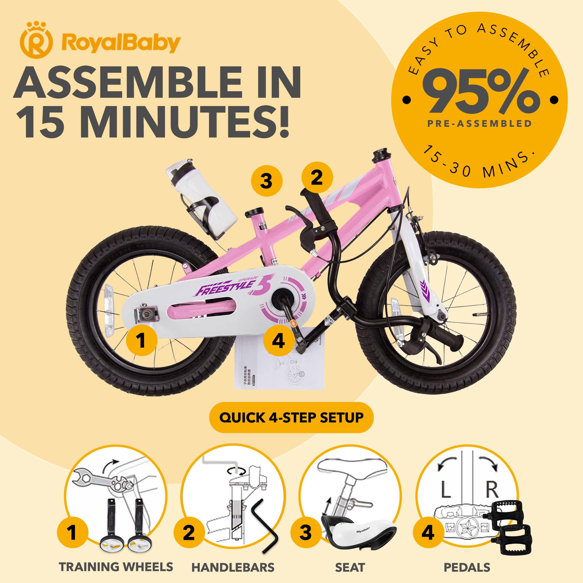 RoyalBaby ASSEMBLE IN 15 MINUTES!  
EASY TO ASSEMBLE 95% PRE-ASSEMBLED 15-30 MINS  
QUICK 4-STEP SETUP  
1. TRAINING WHEELS  
2. HANDLEBARS  
3. SEAT  
4. PEDALS