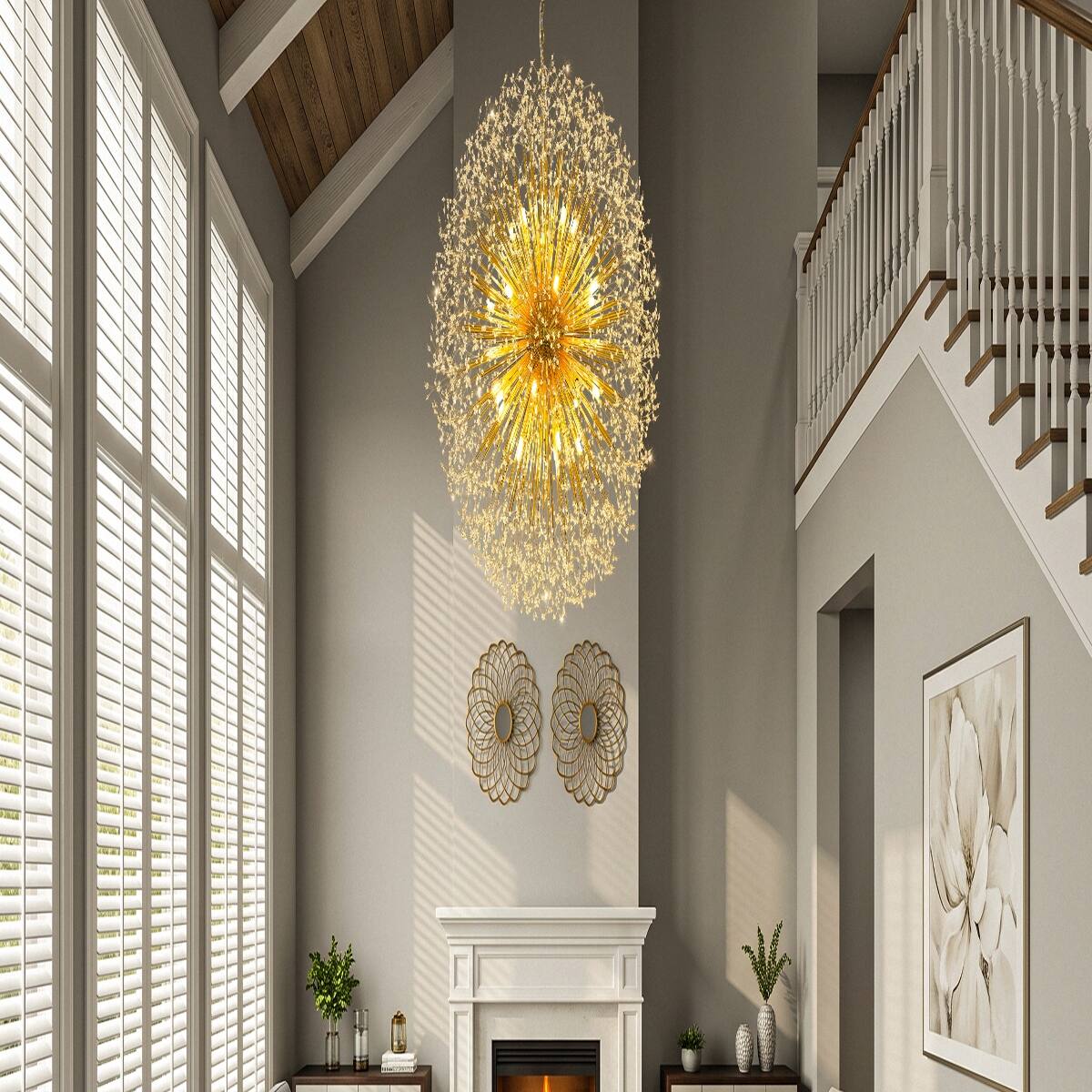 Alt View 10. Loheer - Loheer Extra Large Gold Crystal Chandelier, Modern Dandelion Firework Sputnik Light for High Ceilings.