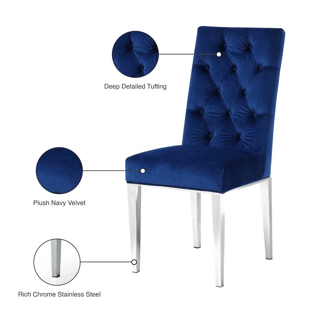 Deep Detailed Tufting  
Plush Navy Velvet  
Rich Chrome Stainless Steel