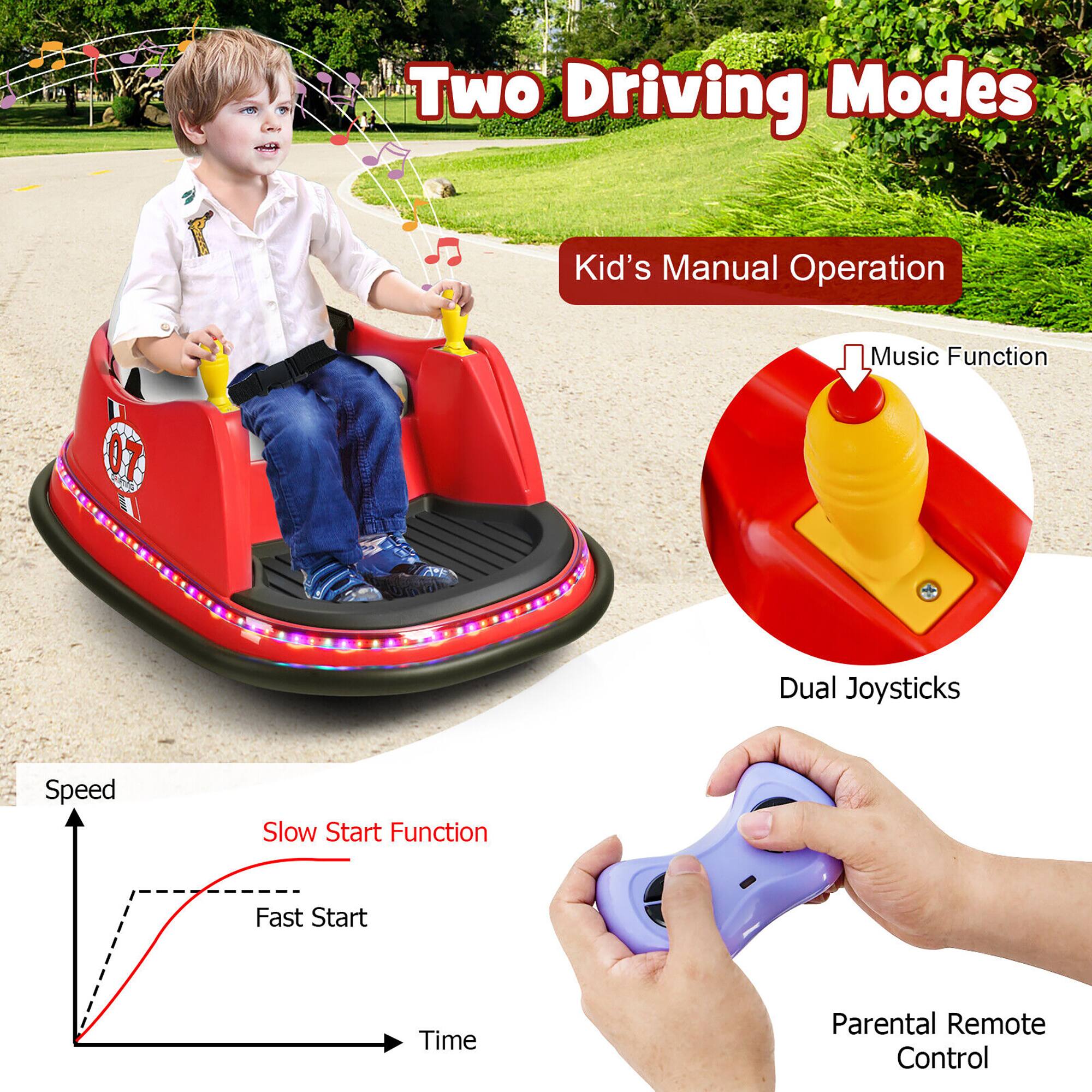 Two Driving Modes  
Kid's Manual Operation  
Music Function  
Dual Joysticks  
Speed  
Slow Start Function  
Fast Start  
Time  
Parental Remote Control