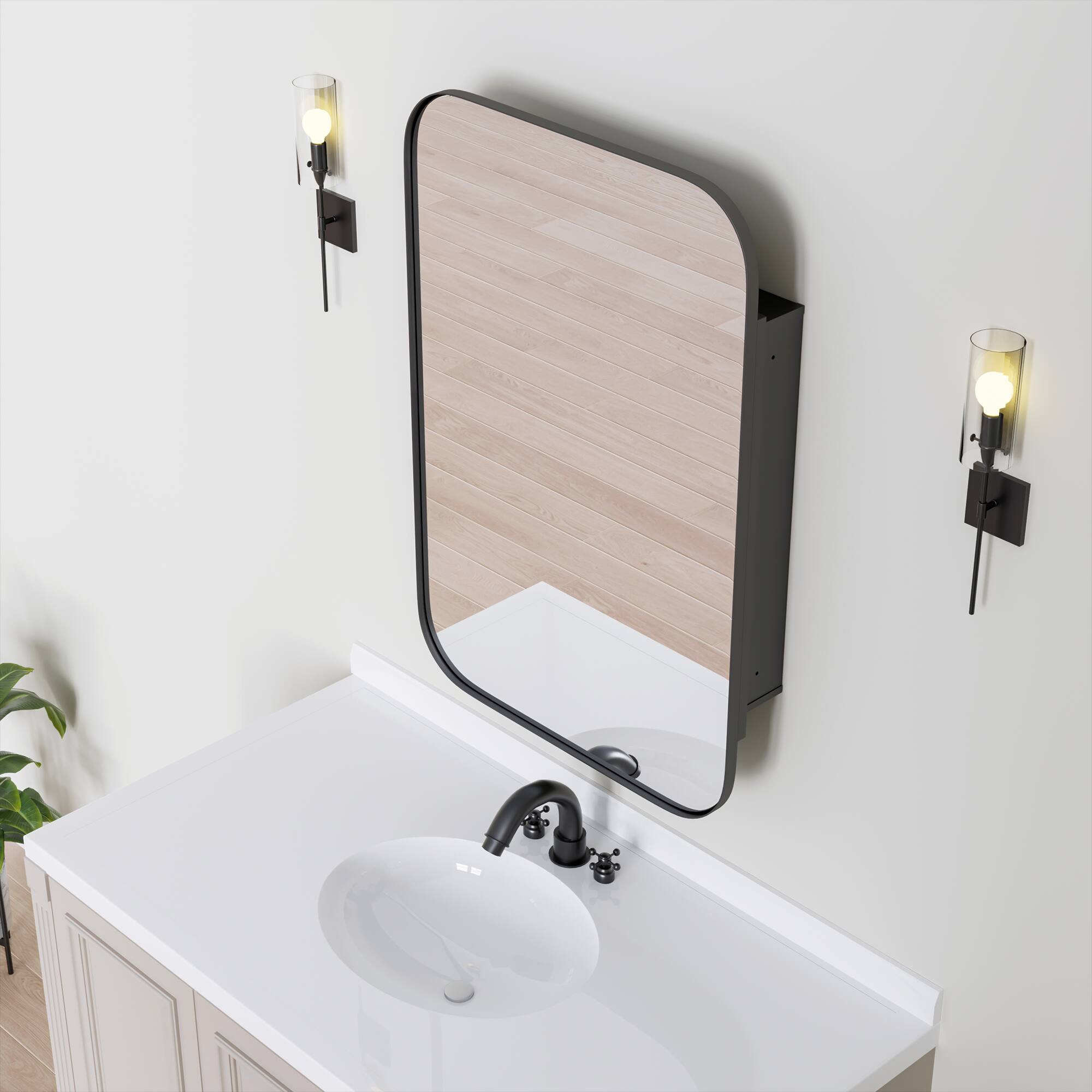 Alt View 1. PexFix - 24" x 36" Rectangular Mirror Medicine Cabinet - Metal Frame, Recessed or Surface Mount for for Bathroom Storage - Black.