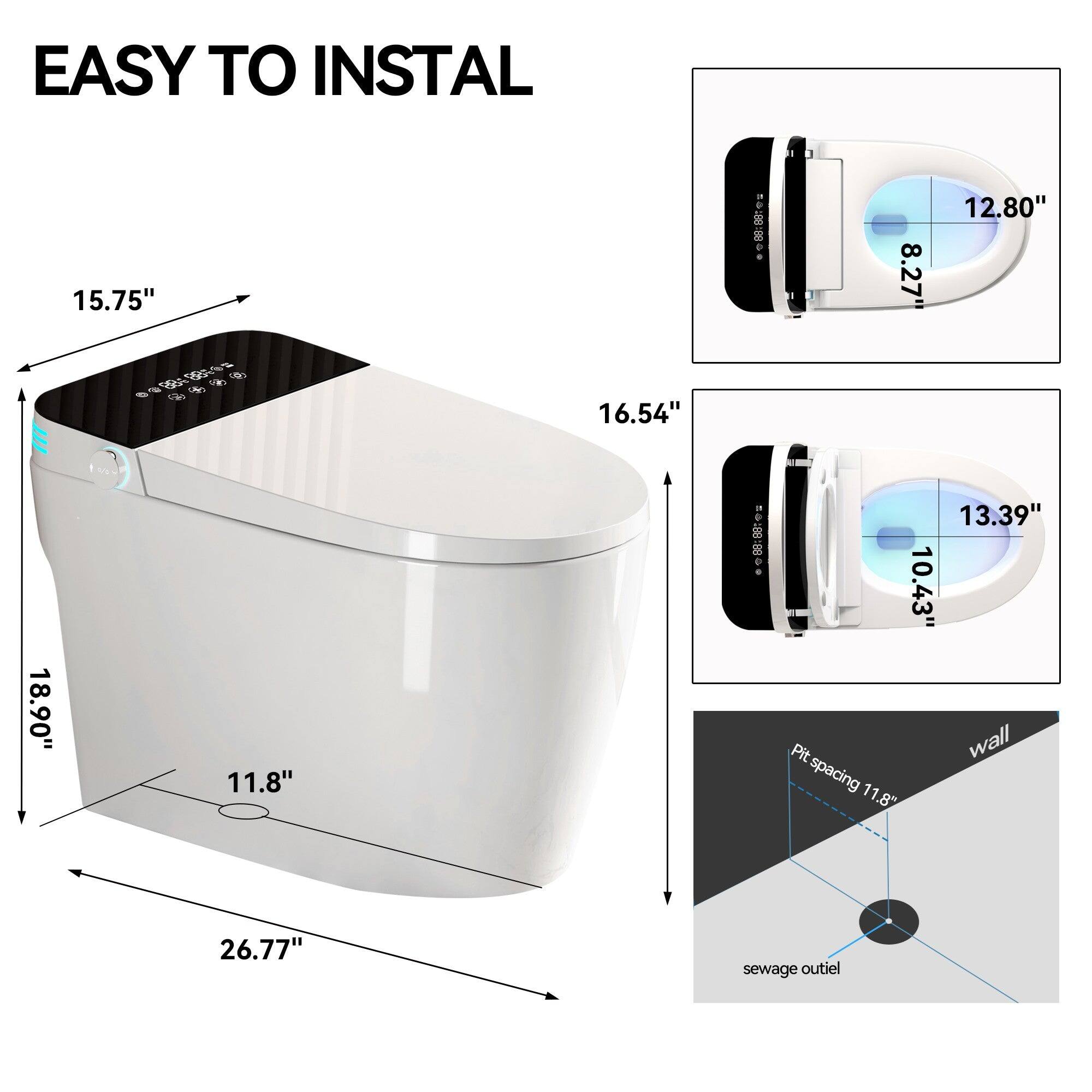 EASY TO INSTALL

15.75"  
12.80"  
8.27"  
18.90"  
16.54"  
13.39"  
10.43"  
11.8"  
26.77"  
Pit wall spacing 11.8"  
sewage outlet