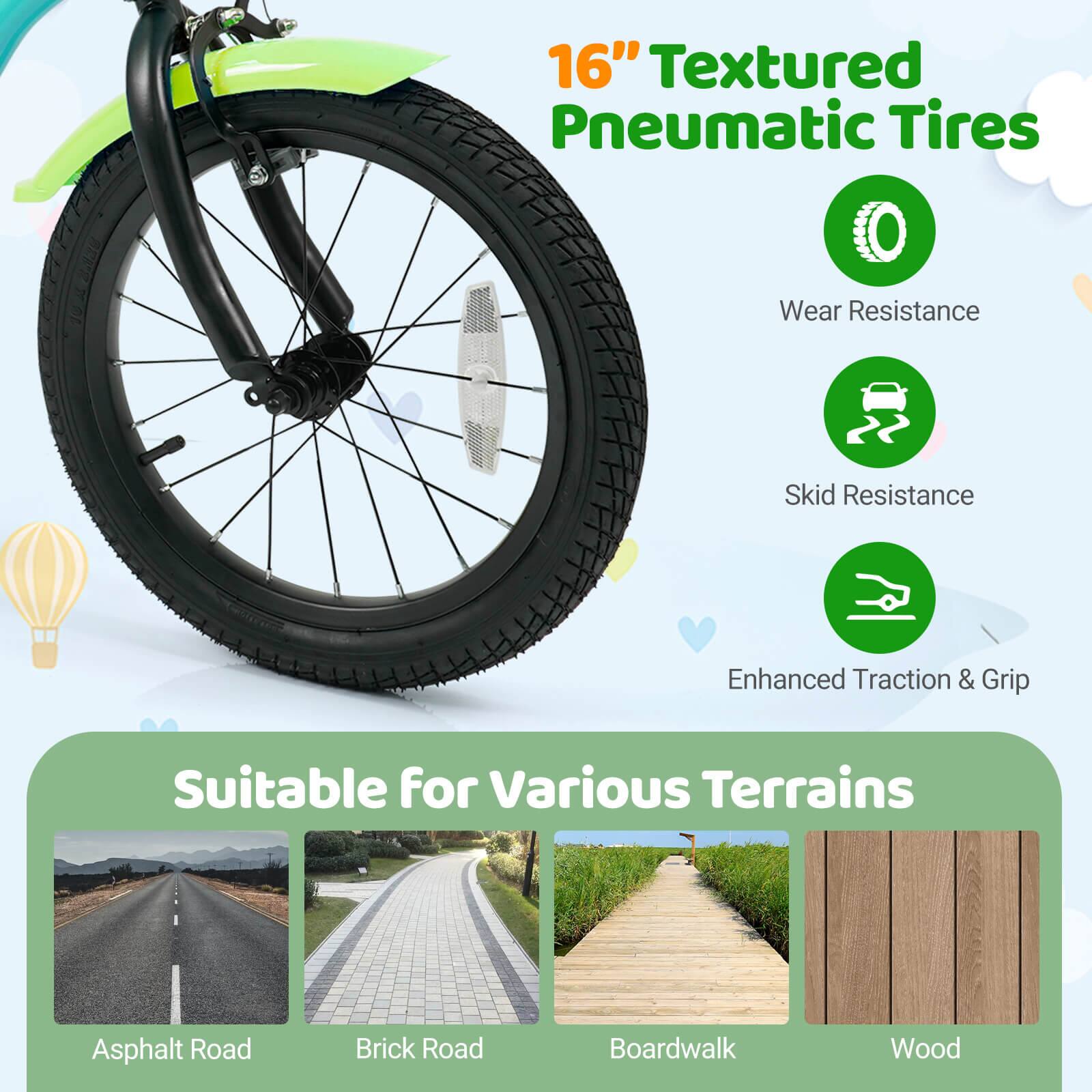 16" Textured Pneumatic Tires

- Wear Resistance
- Skid Resistance
- Enhanced Traction & Grip

Suitable for Various Terrains

- Asphalt Road
- Brick Road
- Boardwalk
- Wood