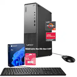 Lenovo - Upgraded - ThinkCentre neo 55s Desktop - AMD Ryzen 7 250 - 64GB RAM - 2TB PCIe M.2 SSD - Wired K&M - Adata 64GB USB Drive - Black