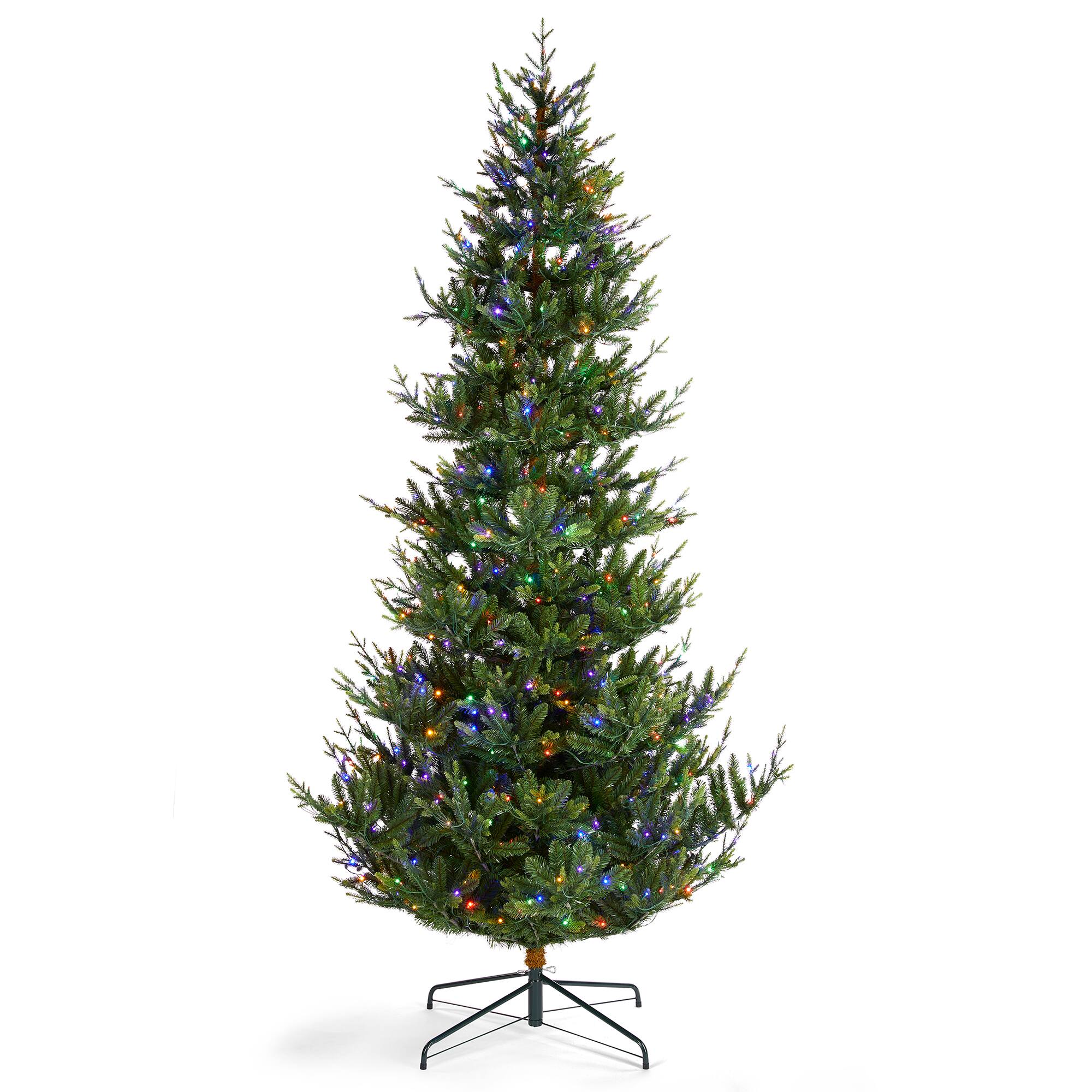 Angle. Glitzhome - 9ft Pre-Lit Green Upward Slim Fir Artificial Christmas Tree with 700 Warm White and Multi-color Lights - Green.