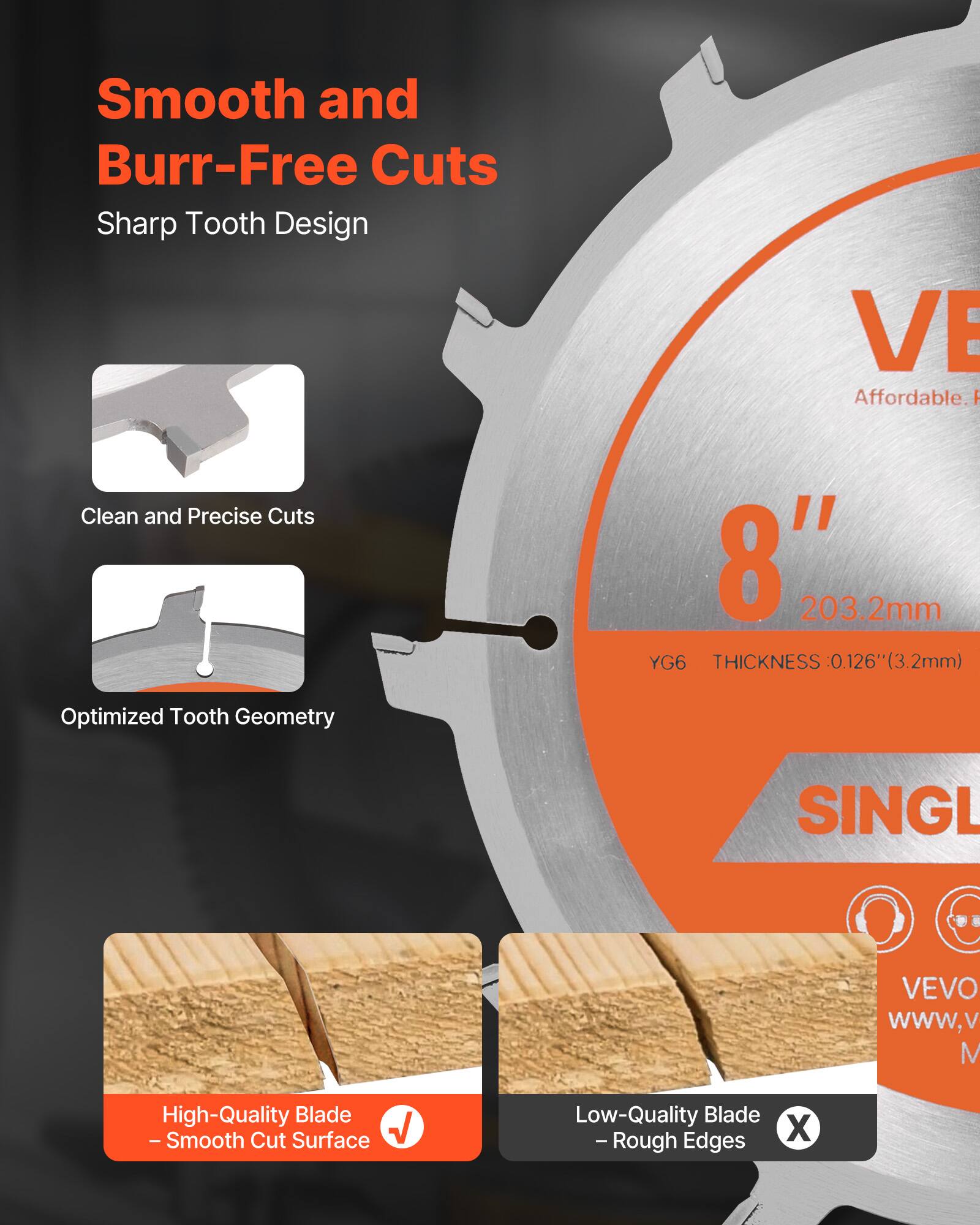 Smooth and Burr-Free Cuts  
Sharp Tooth Design  

Clean and Precise Cuts  

Optimized Tooth Geometry  

8"  
203.2mm  
YG6  
THICKNESS - 0.126" (3.2mm)  

High-Quality Blade - Smooth Cut Surface  

Low-Quality Blade - Rough Edges  

VEVO  
www.vevo.com