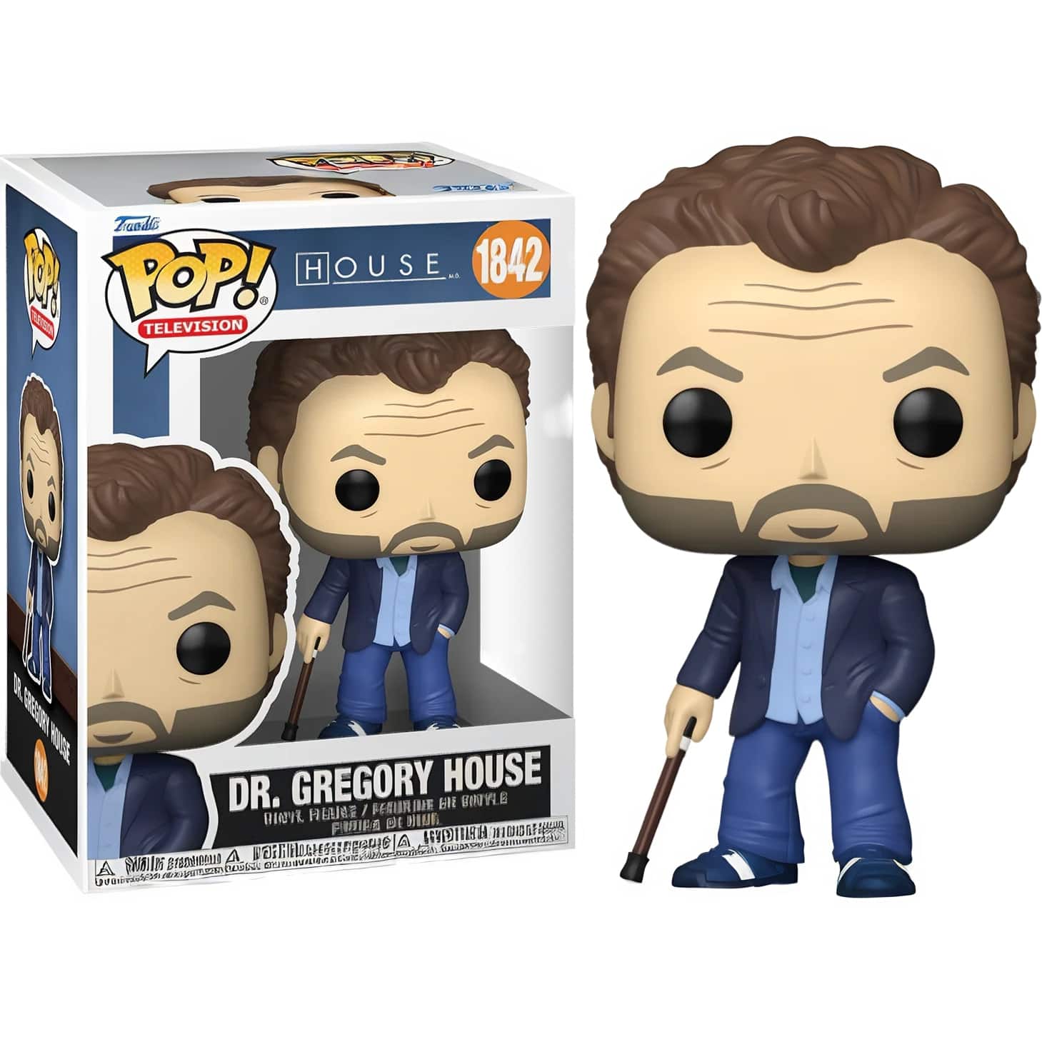 Sure, here is the corrected and grouped text from the image:

---

**Front of the Box:**

- **Top Left Corner:**
  - "Funko"
  - "POP! TELEVISION"

- **Top Center:**
  - "HOUSE"
  - "1842"

- **Center:**
  - "DR. GREGORY HOUSE"
  - "HOUSE / DR. GREGORY HOUSE / DR. GREGORY HOUSE"

- **Bottom Left Corner:**
  - "DR. GREGORY HOUSE"

- **Bottom Center:**
  - "© Warner Bros. Entertainment Inc. © 2021 Warner Bros. Consumer Products"

- **Bottom Right Corner:**
  - "© 2021 Funko"

---

**Side of the Box:**

- "DR. GREGORY HOUSE"

---

**Back of the Box:**

- "Funko"
- "POP! TELEVISION"
- "HOUSE"
- "1842"

- "DR. GREGORY HOUSE"

- "© Warner Bros. Entertainment Inc. © 2021 Warner Bros. Consumer Products"

- "© 2021 Funko"

---

**Additional Text:**

