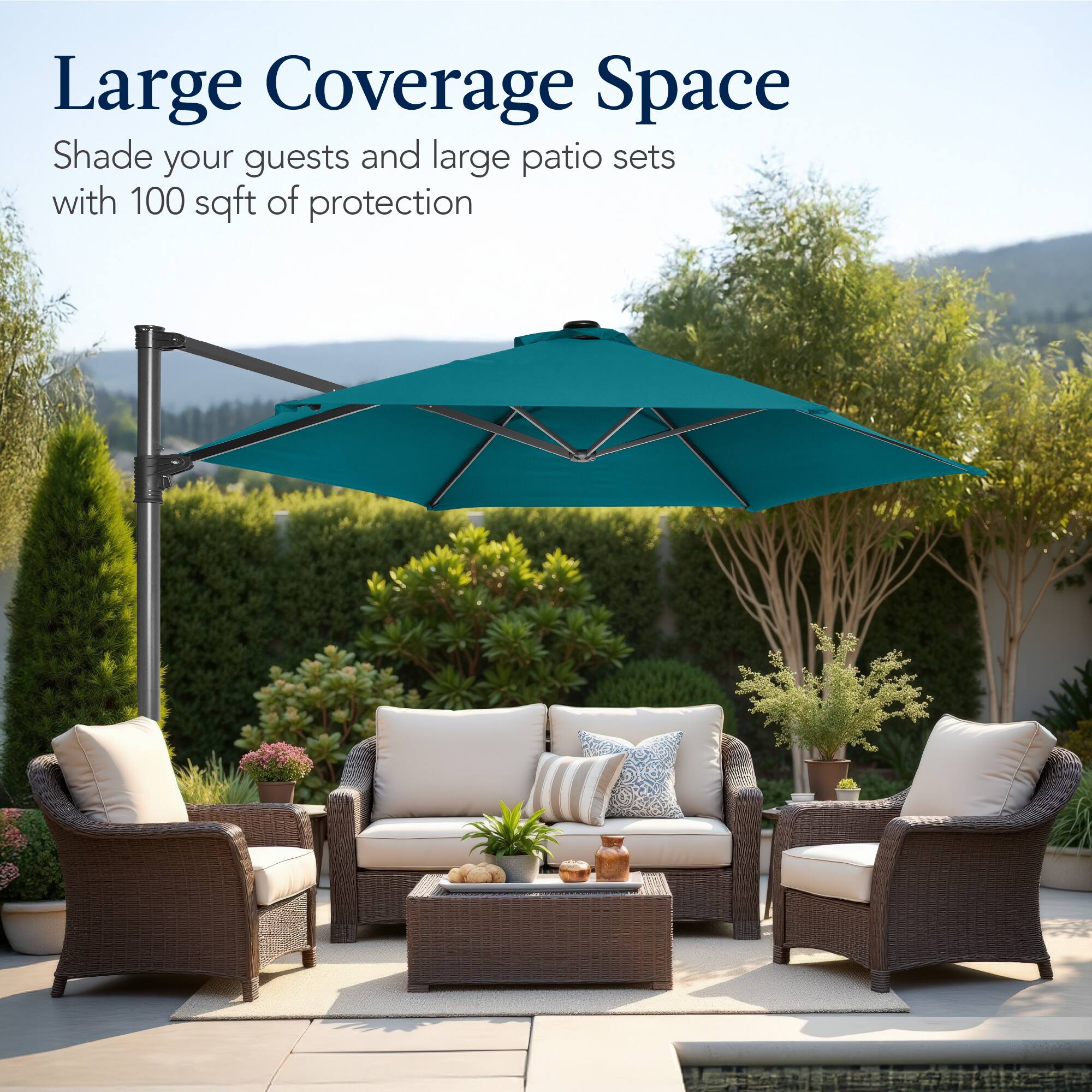 Large Coverage Space  
Shade your guests and large patio sets with 100 sqft of protection