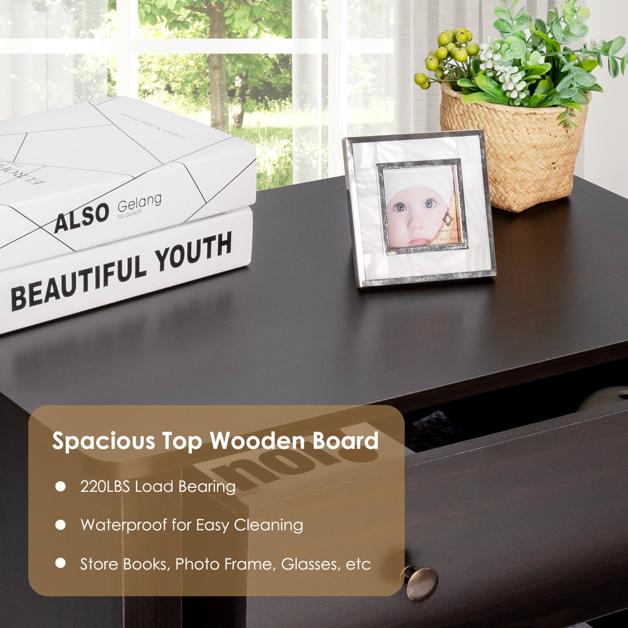 Sure, here is the corrected and grouped text:

---

**ALSO Gelang**  
*BEAUTIFUL YOUTH*

---

**Spacious Top Wooden Board**  
- 220LBS Load Bearing  
- Waterproof for Easy Cleaning  
- Store Books, Photo Frame, Glasses, etc

---