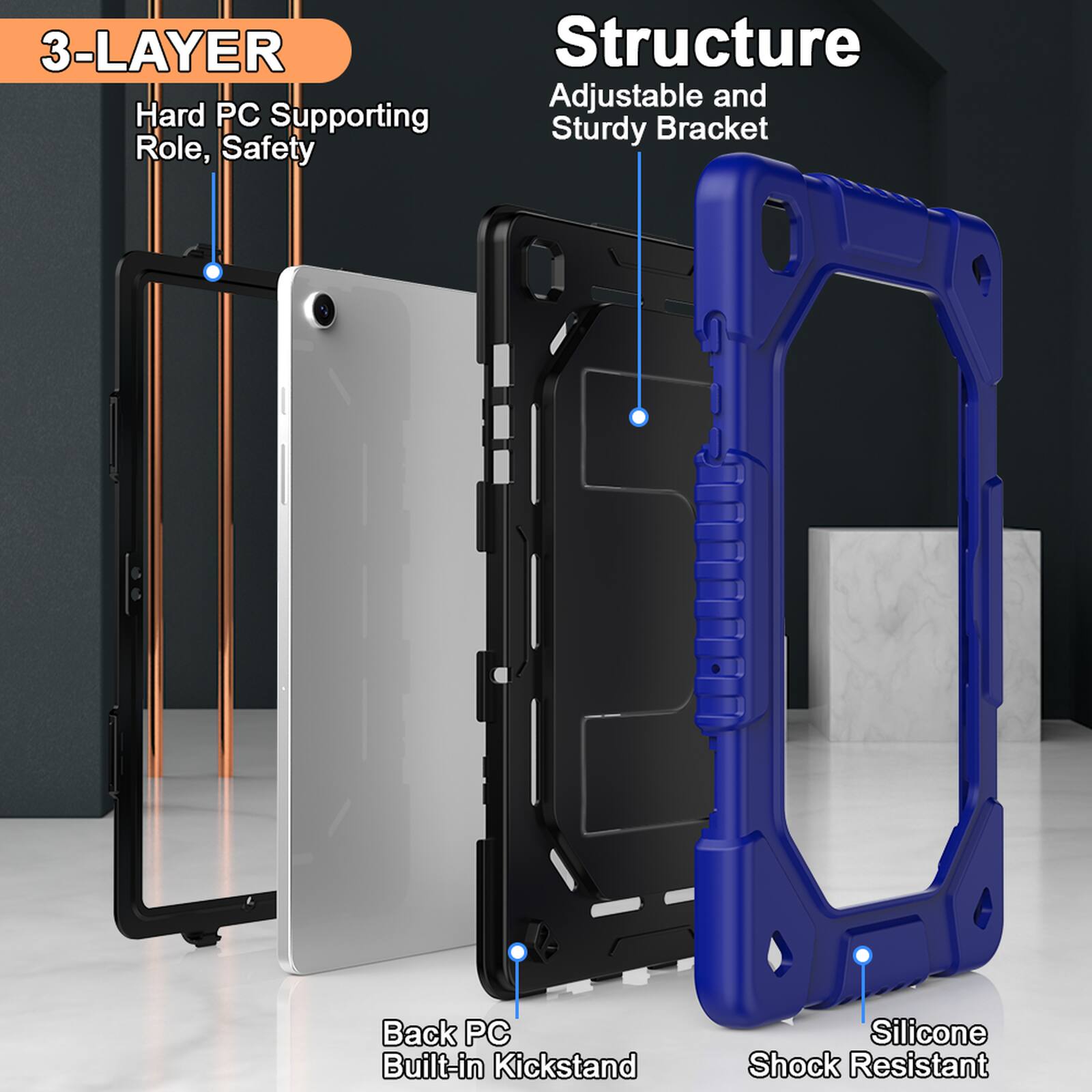 3-LAYER Structure Adjustable and Sturdy Bracket

Hard PC Supporting Role, Safety

Back PC Built-in Kickstand

Silicone Shock Resistant