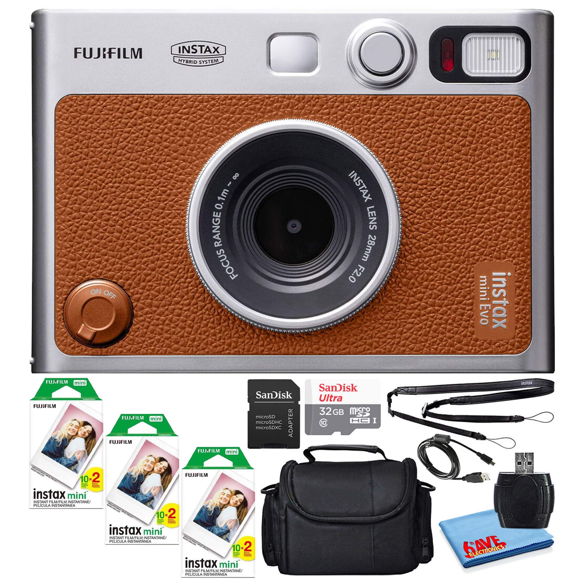 Fujifilm - Instax Mini EVO Instant Film Camera with 60 Films + 32GB Card - Brown