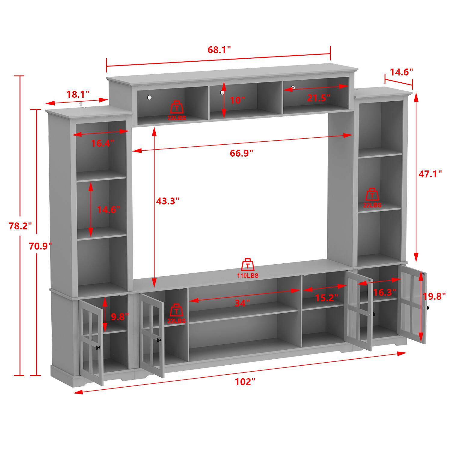 The text on the image is grouped and corrected as follows:

1. 68.1" 14.6" 18.1" 10" 21.5" 22LBS 16.4" 66.9" 47.1" 14.6" 43.3" 77LBS 78.2" 70.9" T 110LBS 9.8" 22LBS 34" 15.2" 16.3" 19.8" 102"

This text describes the dimensions and weight of a piece of furniture, likely a TV stand or entertainment center. The measurements are given in inches and pounds, and the stand is designed to hold a TV weighing up to 110 pounds.