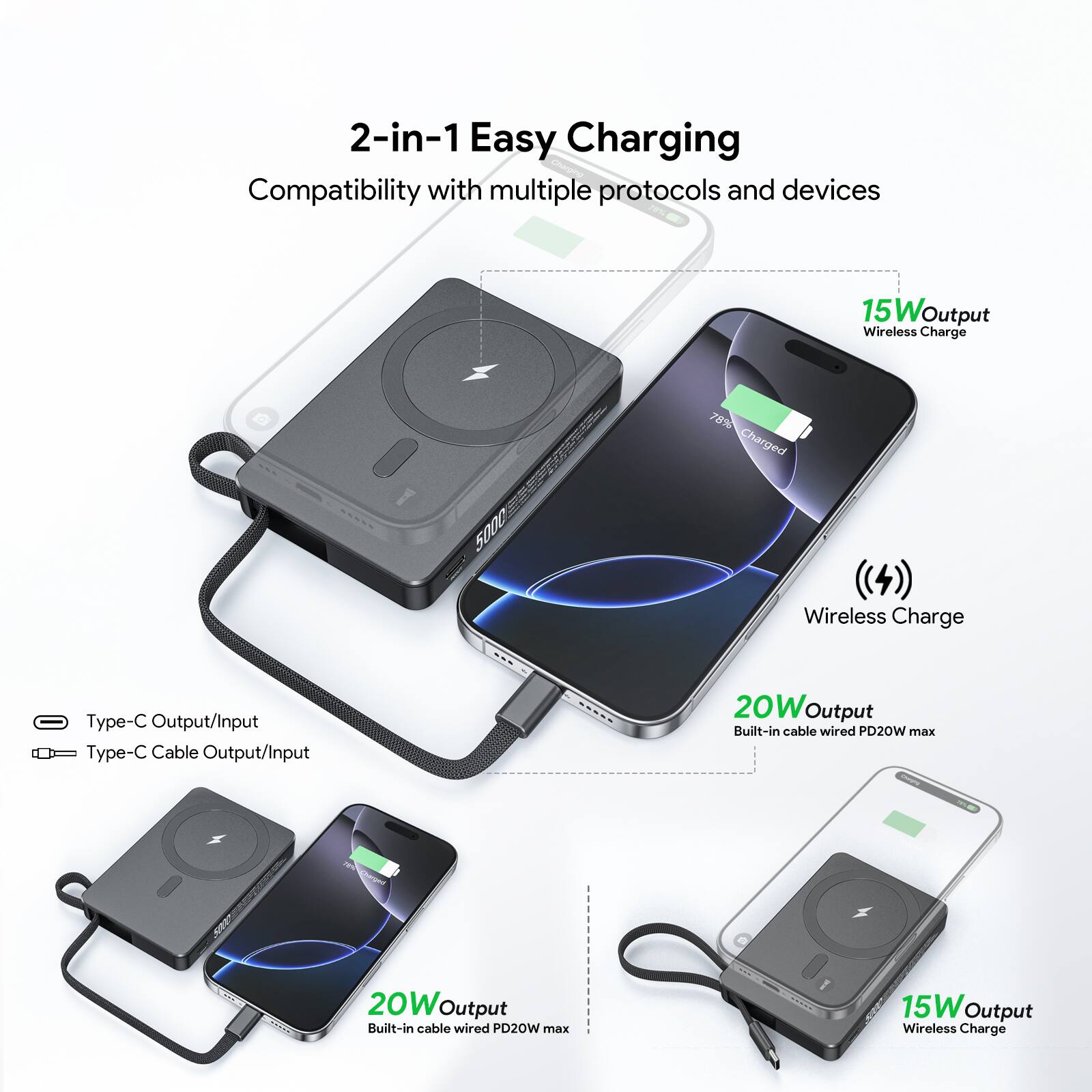 2-in-1 Easy Charging
Compatibility with multiple protocols and devices

15W Output
Wireless Charge

Type-C Output/Input
Type-C Cable Output/Input

20W Output
Built-in cable wired PD20W max

20W Output
Built-in cable wired PD20W max

15W Output
Wireless Charge