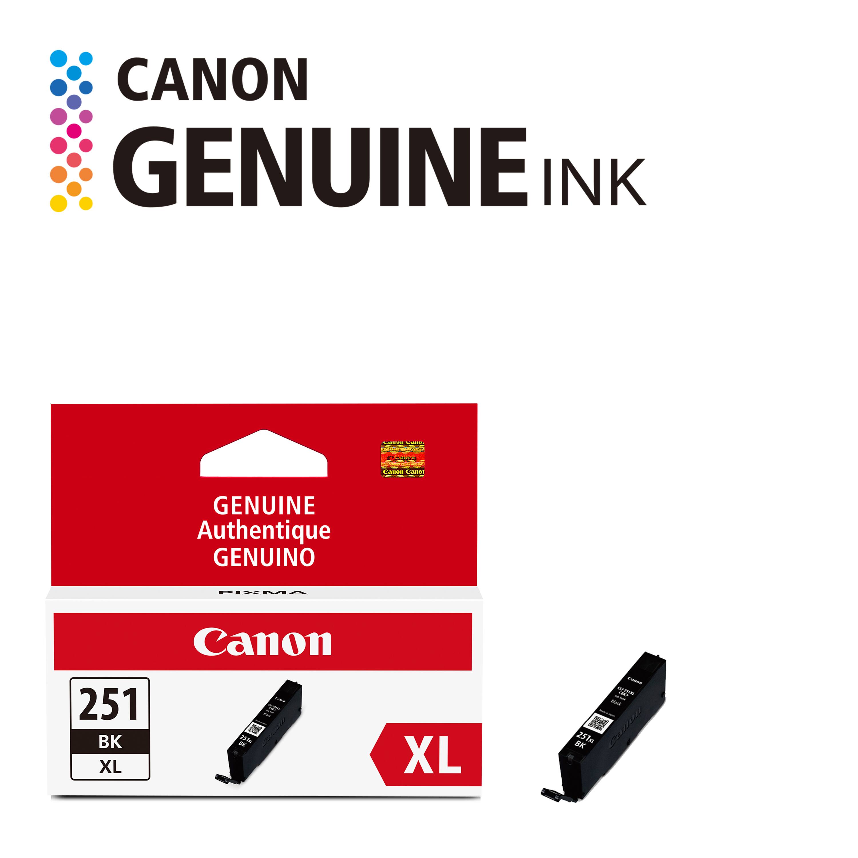 CANON GENUINE INK

Calture COMP

AMAN

Canon Canor

GENUINE Authentique GENUINO

PIXMA

Canon

251 BK XL

25%

XL

BK 251