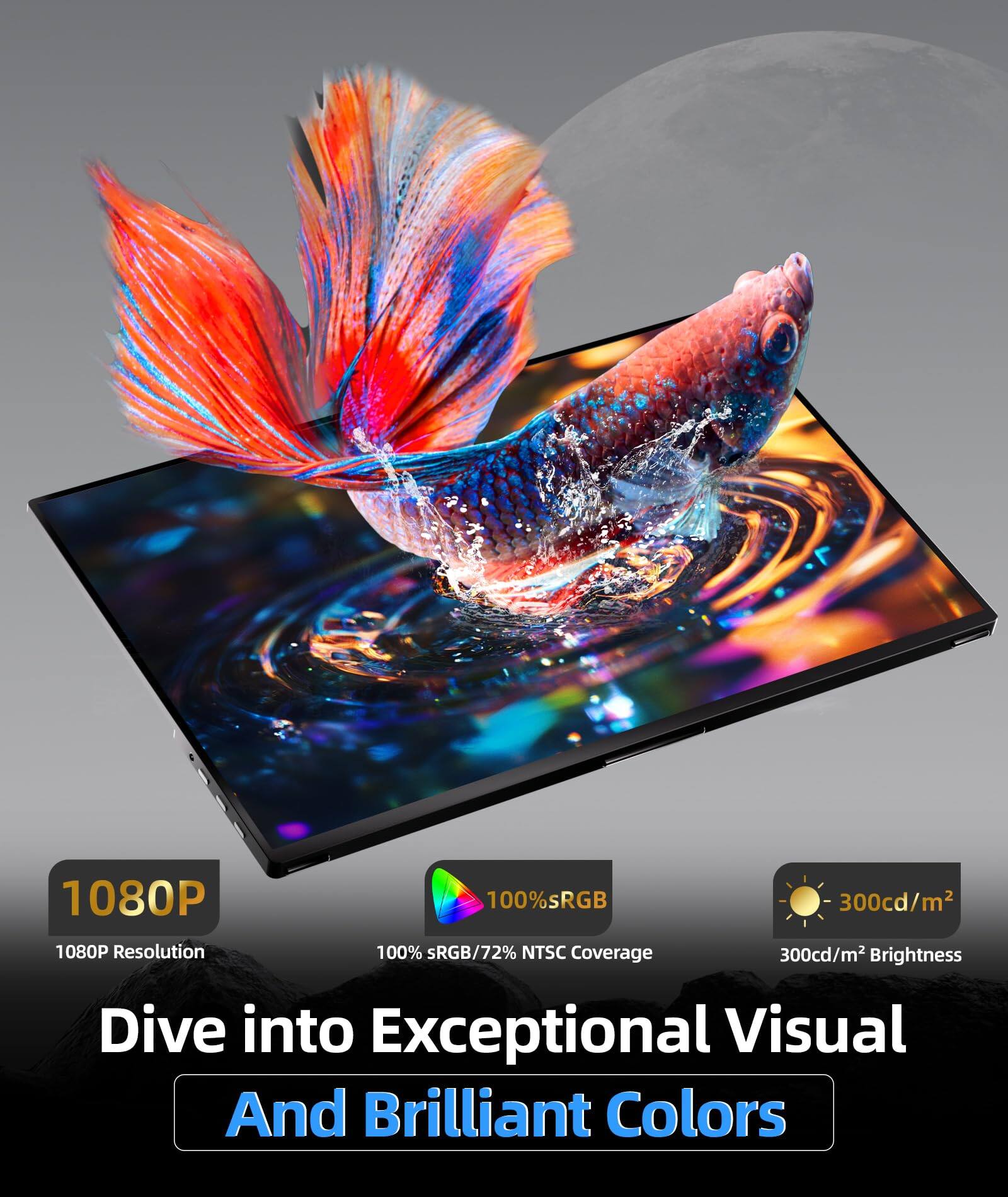 1080P  
100% sRGB  
300cd/m²  
1080P Resolution  
100% sRGB/72% NTSC Coverage  
300cd/m² Brightness  
Dive into Exceptional Visual And Brilliant Colors