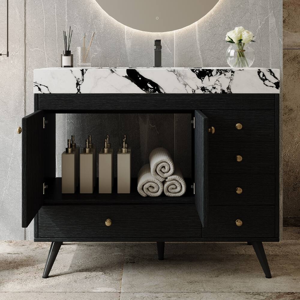Left. Loheer - Loheer 36 inch freestanding bathroom vanity black and gold modern vanity faux marble top - Black, Gold, White.