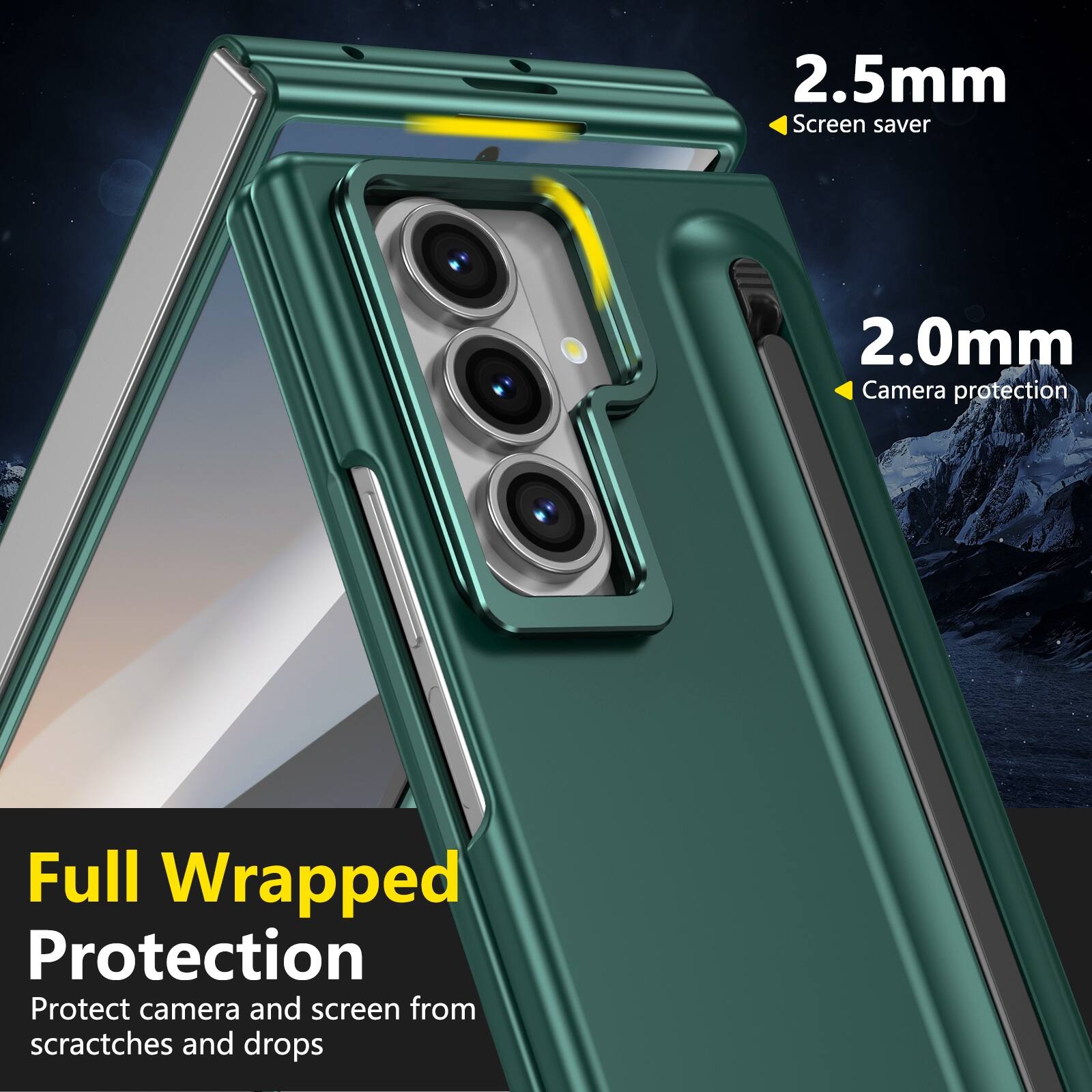 2.5mm Screen saver  
2.0mm Camera protection  
Full Wrapped Protection  
Protect camera and screen from scratches and drops