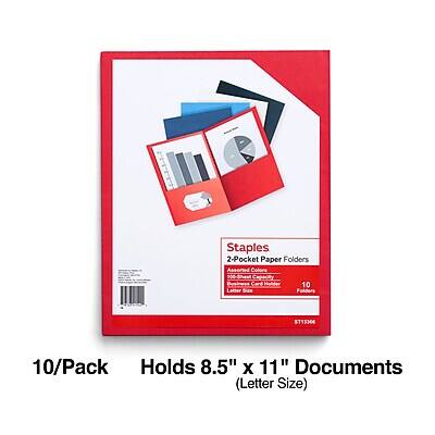 Staples 2-Pocket Paper Folders  
Assorted Colors  
500-Sheet Capacity  
Business Card Holder  
10 Pack  
Holds 8.5" x 11" Documents (Letter Size)  
ST13364