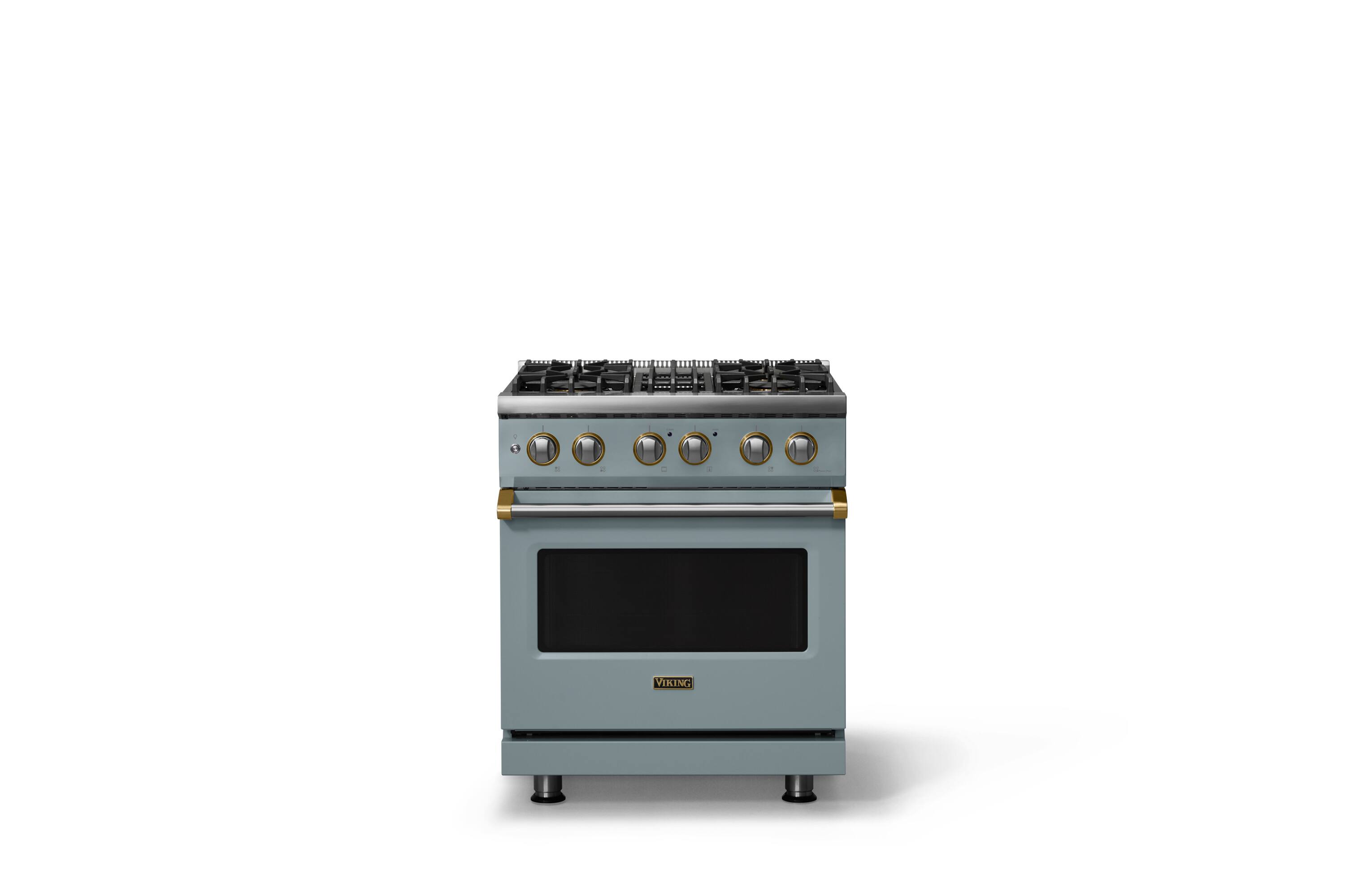 Front. Viking - 30"W. 4 Burner Pro5S 4.7 Cu. Ft. Freestanding Sealed Dual Fuel Convection Range-November Sky/Brushed Brass - November Sky.