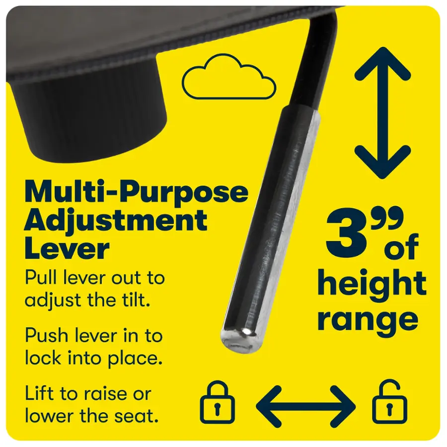 The image features a multi-purpose adjustment 3 lever, which is designed to adjust the tilt of a seat. The lever can be pulled out to adjust the tilt height, and pushed in to lock the height in place. Additionally, the lever can be used to lift the seat to raise or lower it, providing added convenience and functionality.