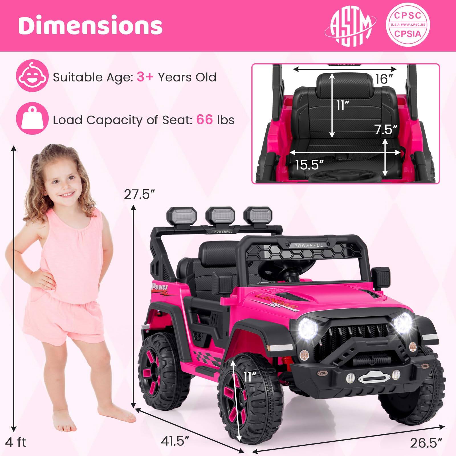 Dimensions, Suitable Age: 3+ Years Old, CPSC, AHM, www.CPSC.US, CPSIA, 16", Load Capacity of Seat: 66 lbs, 11", 7.5", 15.5", 27.5", 4 ft, 41.5", 26.5"