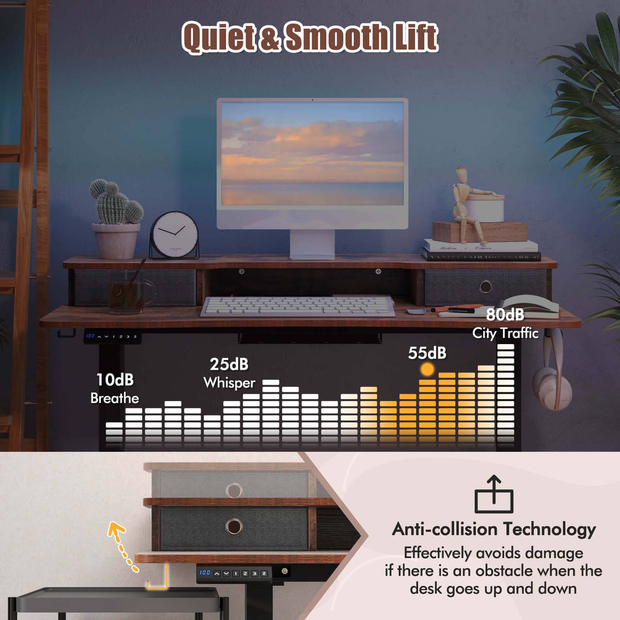 Quiet & Smooth Lift

10dB Breathe  
25dB Whisper  
55dB  
80dB City Traffic

Anti-collision Technology  
Effectively avoids damage if there is an obstacle when the desk goes up and down