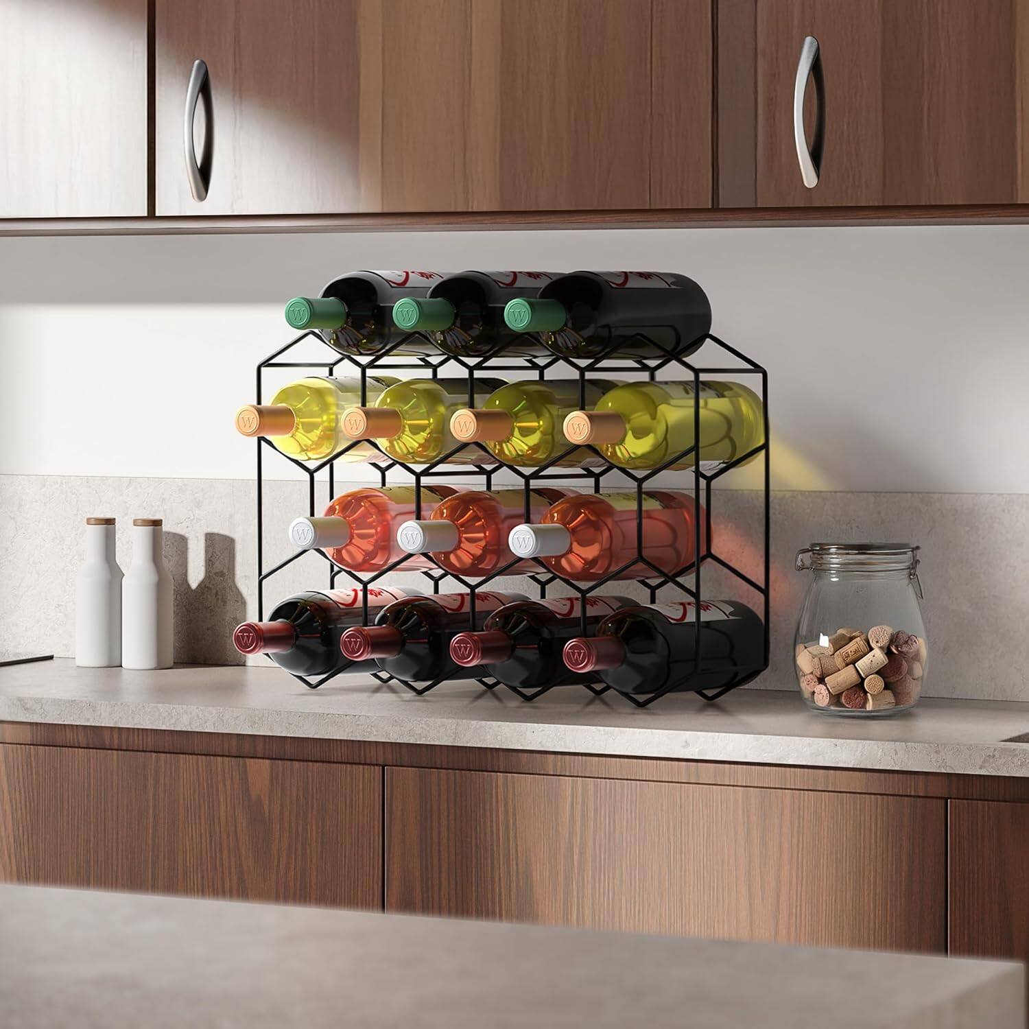 Angle. Sorbus - Sorbus 14 Bottle Wine Rack – Stackable Metal Wine Storage Organizer with Honeycomb Design – Wine Bottle Holder - Black.