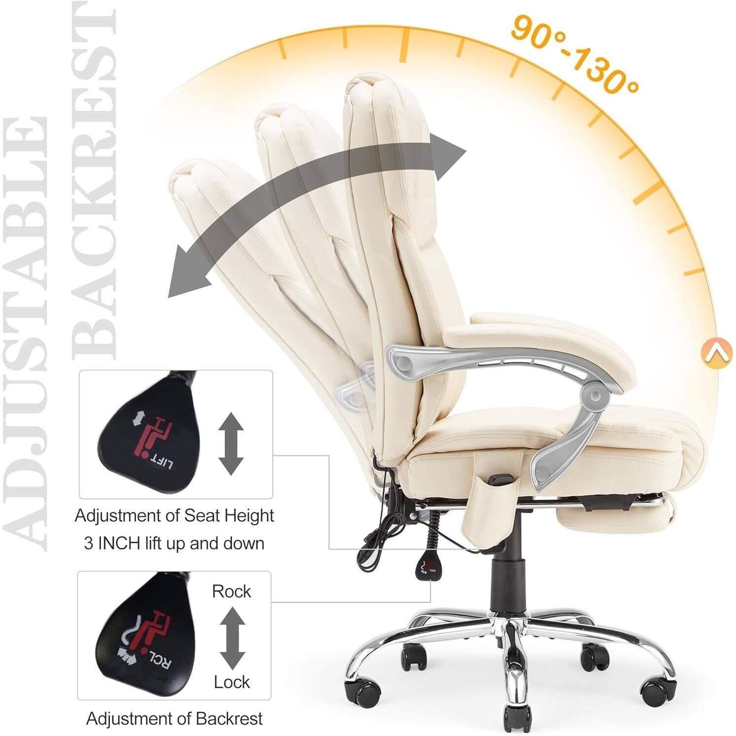 ADJUSTABLE BACKREST

Adjustment of Seat Height  
3 INCH lift up and down

Adjustment of Backrest  
90°-130°

Rock  
Lock