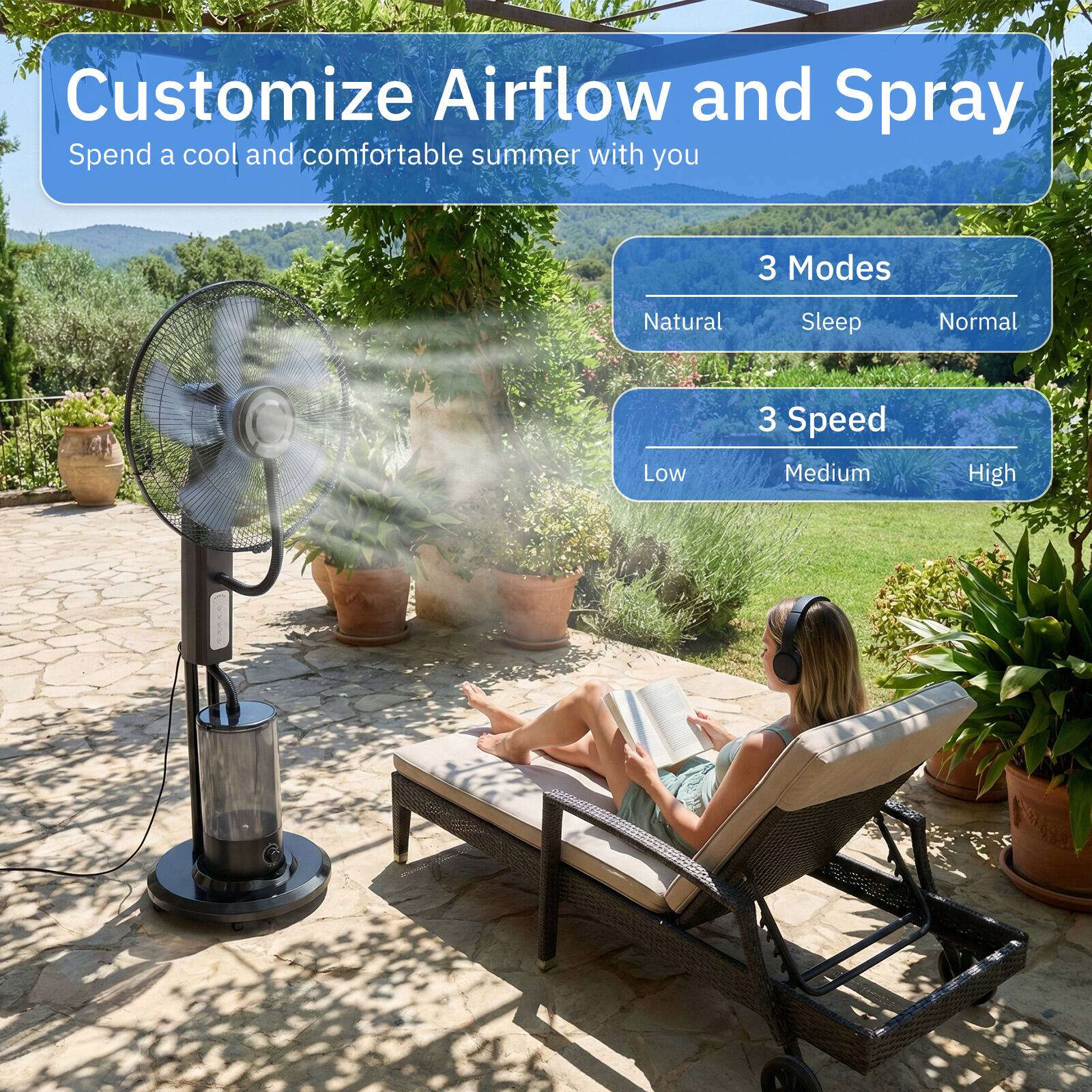 Customize Airflow and Spray  
Spend a cool and comfortable summer with you  

3 Modes  
Natural  
Sleep  
Normal  

3 Speed  
Low  
Medium  
High