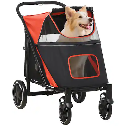 Front. Pawhut - Dog Stroller, for Dogs up to 66 Lbs, 23.5" Body Length, One-Click Foldable, Storage, Shock Wheels, Mesh, Leash.