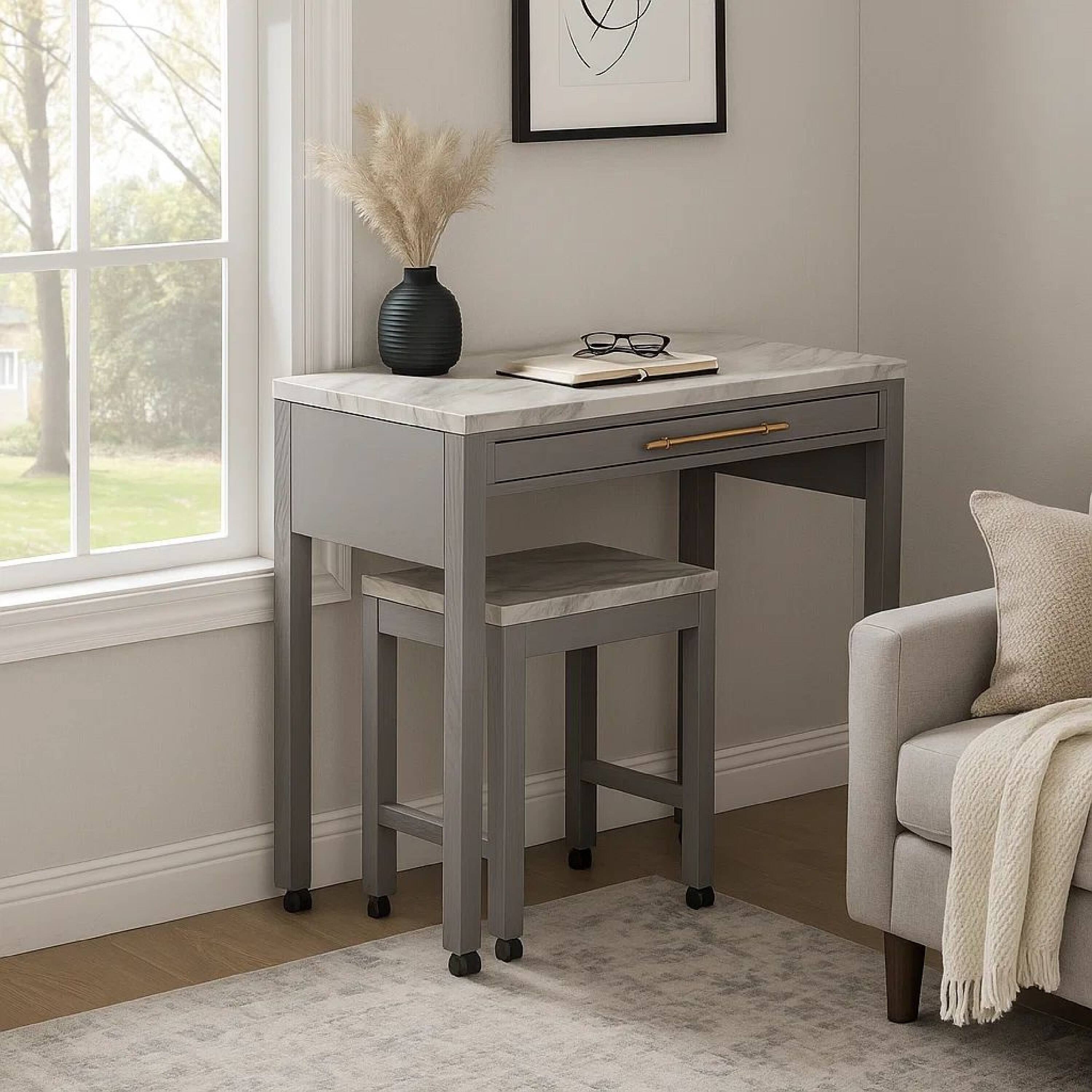 Alt View 6. Manhattan Lane - 39 Inch Faux Marble Top Table with Felt Lined Storage Drawer - White, Gray, Beige.