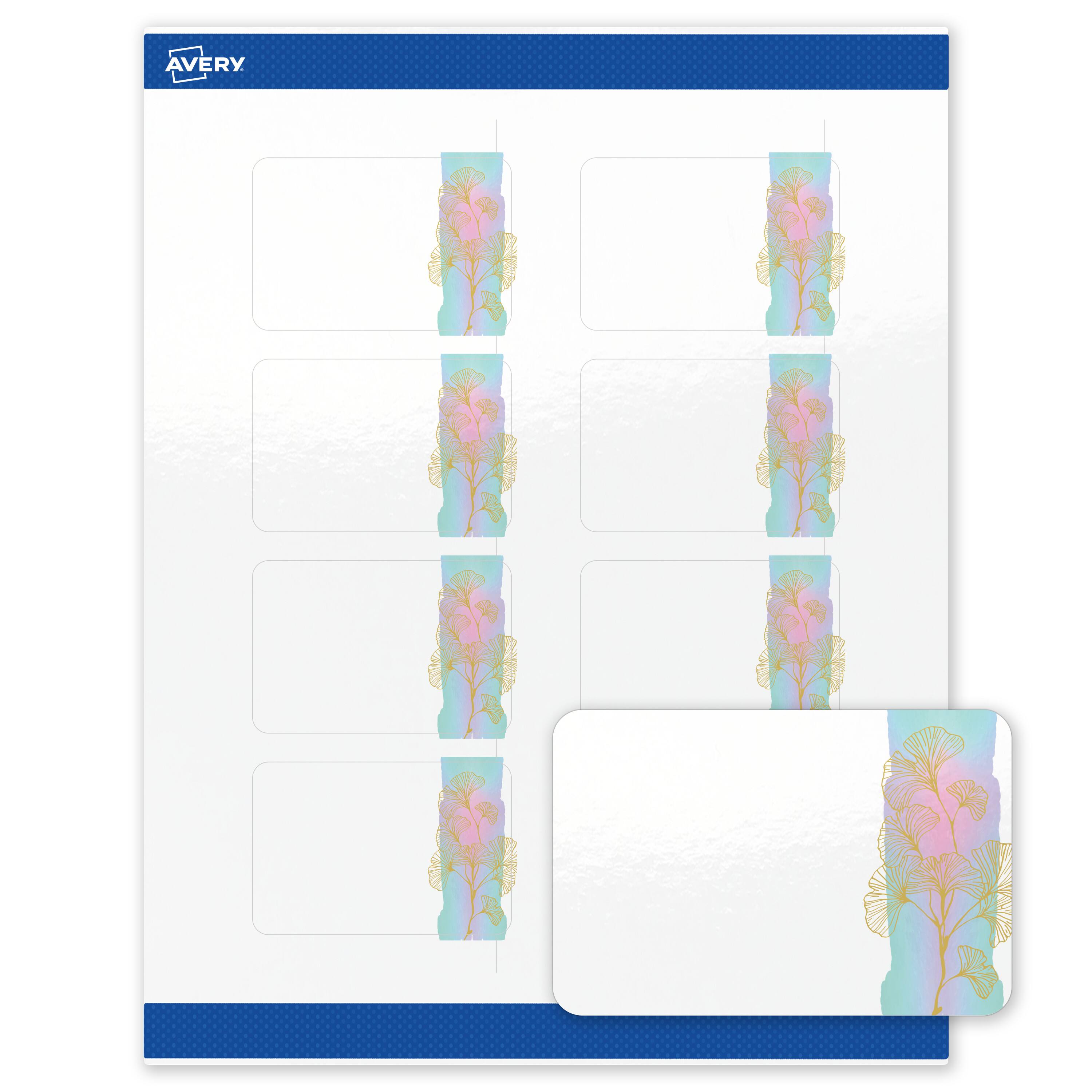 Front. Avery - Avery Labels, 2" x 3", Glossy White, Watercolors & Gold Ginkgo Leaves - White.