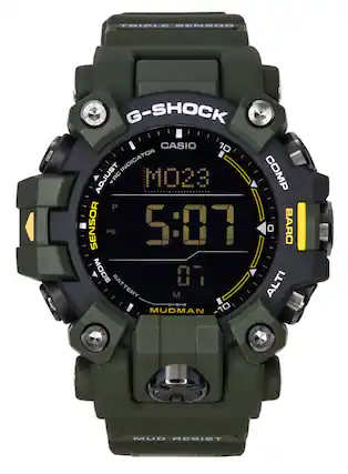 TRIPLE SENSOR G-SHOCK CASIO 10, INDICATOR COMP TEULOA RC MO23 Y P SENSOR PS 5:07 o BARO MODE ALTI BATTERY M MUDMAN 10 MUD RESIST