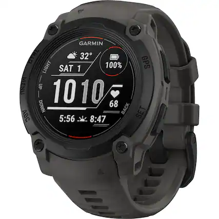 The Garmin watch is displaying the current time, which is 5:56. The watch also shows the temperature, which is 32 degrees Fahrenheit. The watch is equipped with GPS capabilities, and the GPS menu is currently up. The watch also displays the battery life, which is at 100%. The watch has a backlight, which can be activated by pressing the back button. The watch also has a timer function, which can be accessed by pressing the set button.