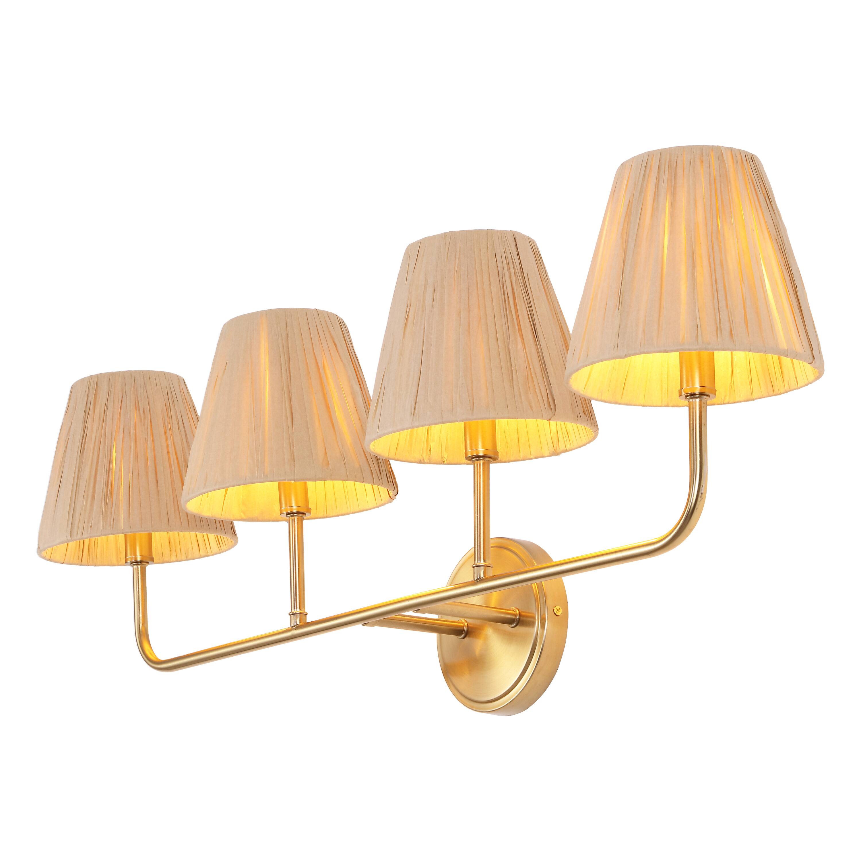 Alt View 7. Jonathan Y - Malaya 31.5" 4-Light Bohemian Coastal Metal Pleated Paper Shade LED Vanity Light, Beige/Brass Gold - Brass Gold/Beige.