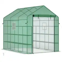 Outsunny - 8' x 6' x 7' Walk-in Greenhouse with Mesh Door and Windows, 18 Shelf Green House with Trellis, Plant Labels