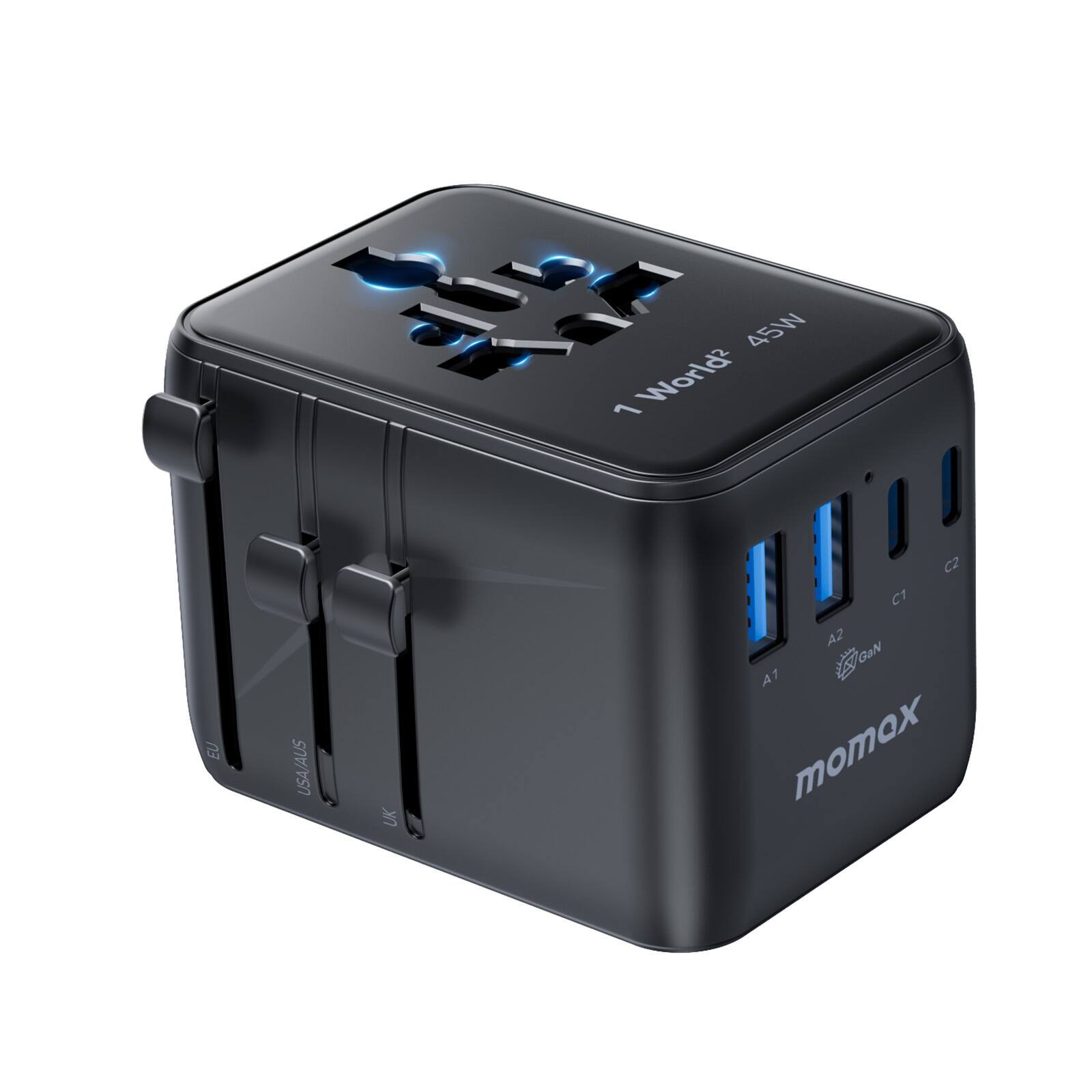 Momax - 7-in-1 Universal Travel Adapter, GaN 45W iPhone 17 European Travel Plug Adapter, 3 USB-C PD & 2 USB-A QC,2 AC - Black